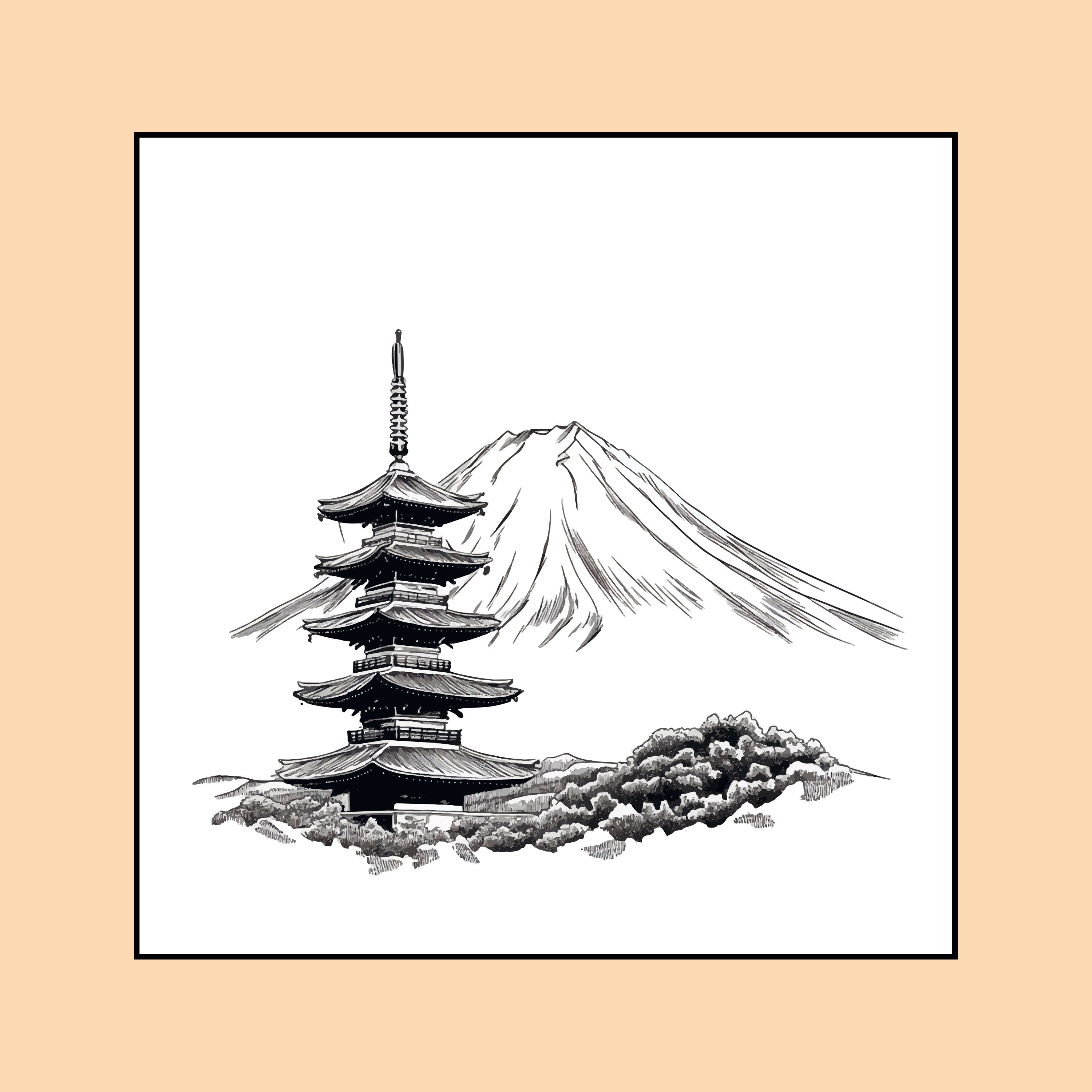 Mount Fuji & Pagoda Sketch – Japanese Minimal Line Art.