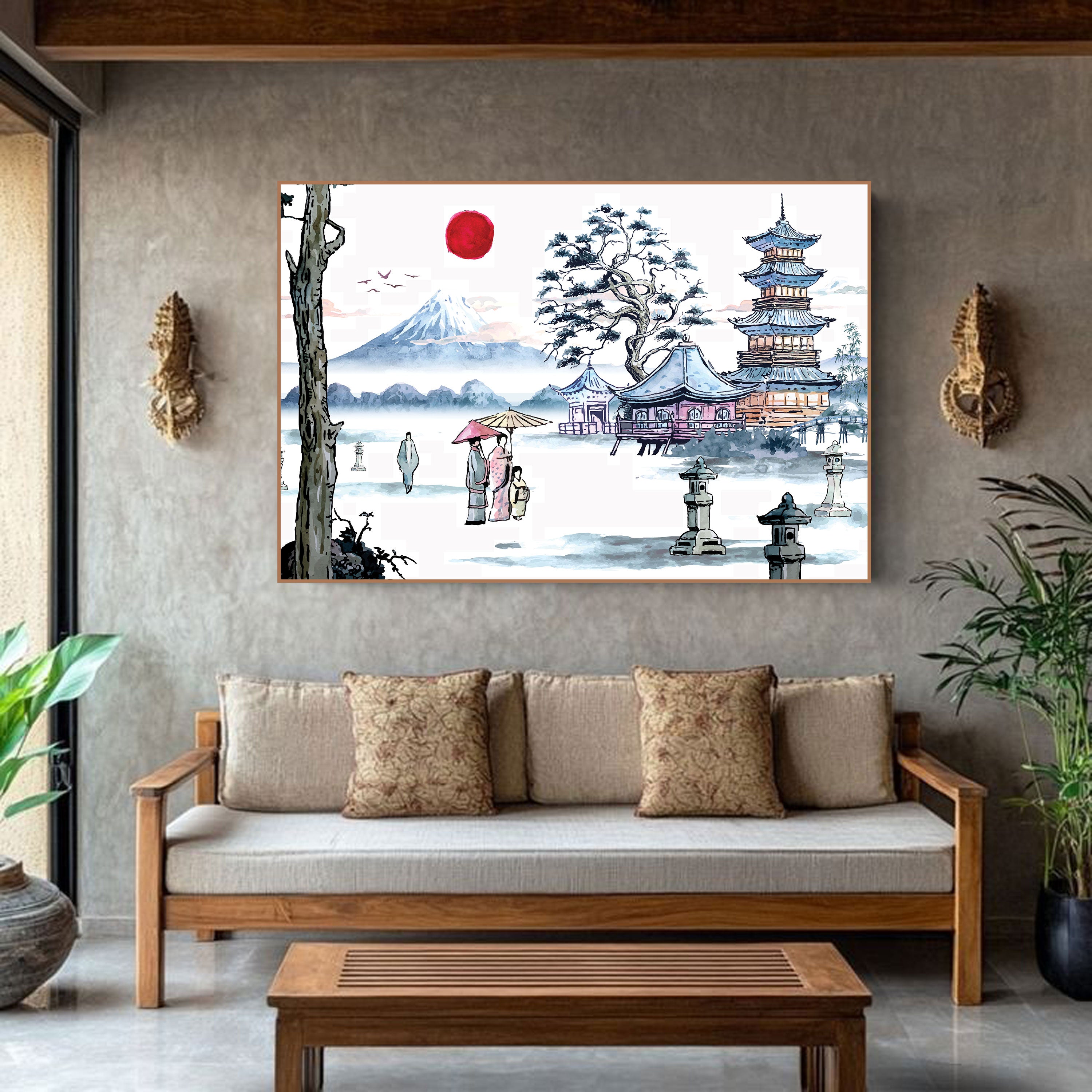Traditional Japanese Pagoda Wall Art – Mount Fuji & Kimono Scene in Watercolor Style.