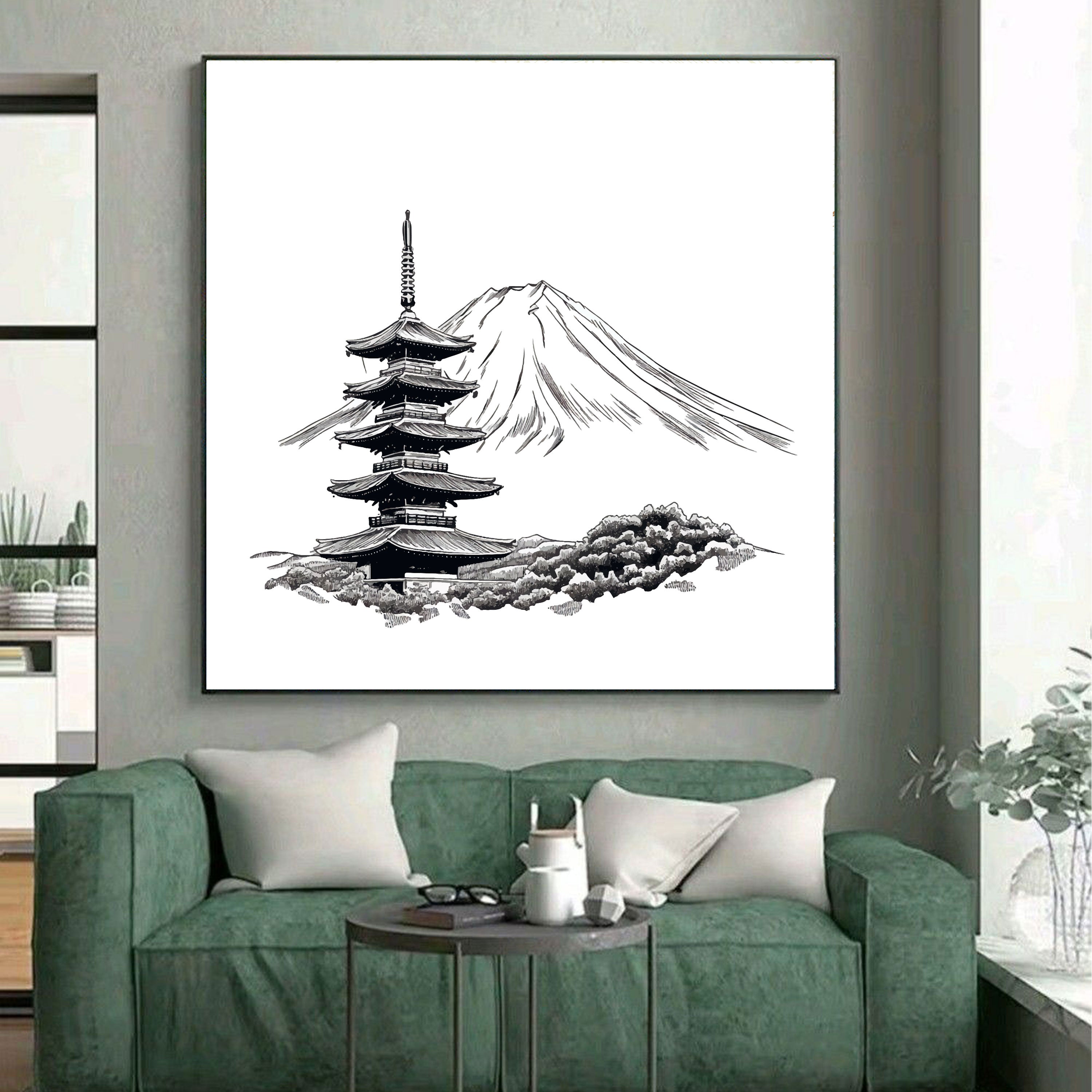 Mount Fuji & Pagoda Sketch – Japanese Minimal Line Art.