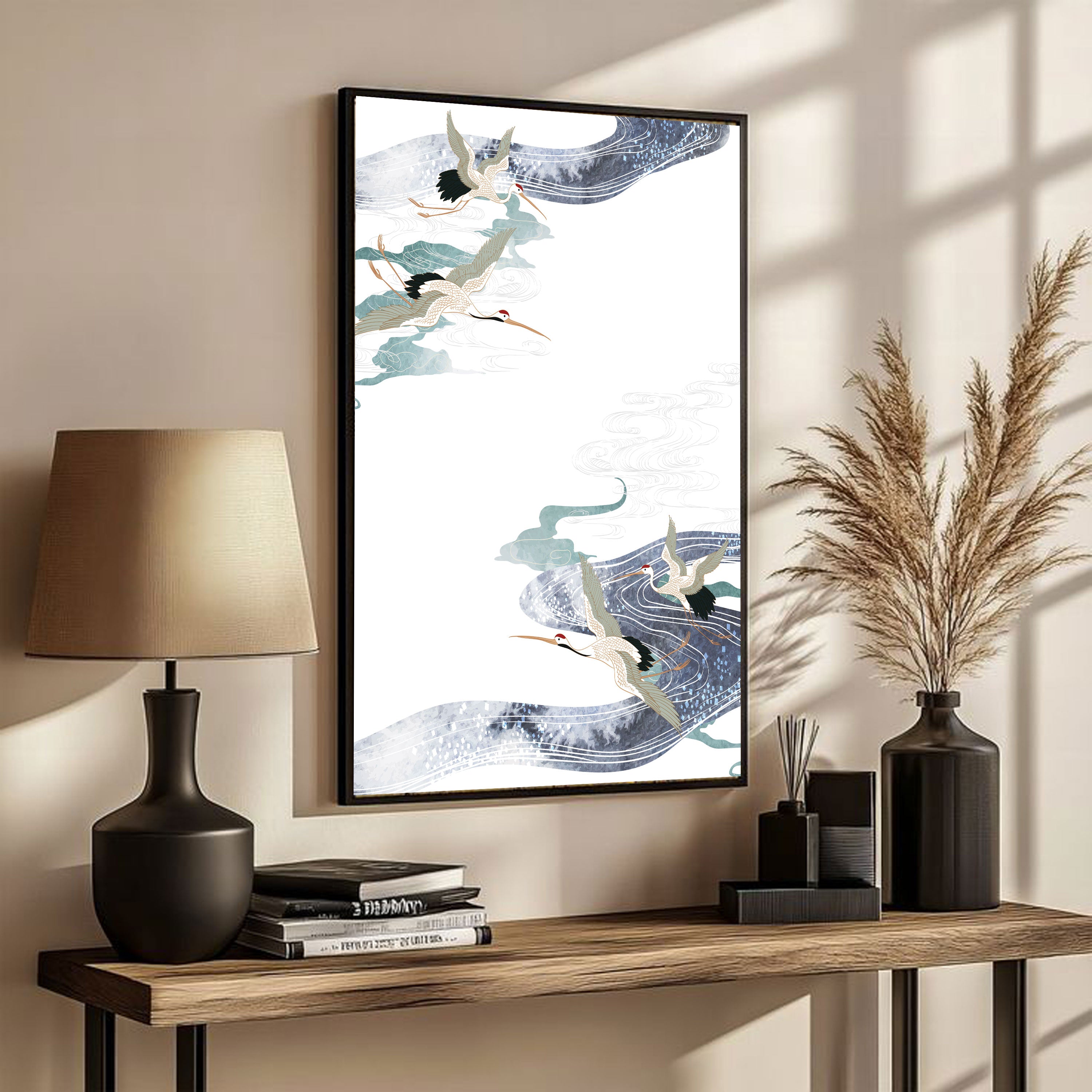 Soaring Cranes & Flowing Waters – Japanese Zen Wall Art.