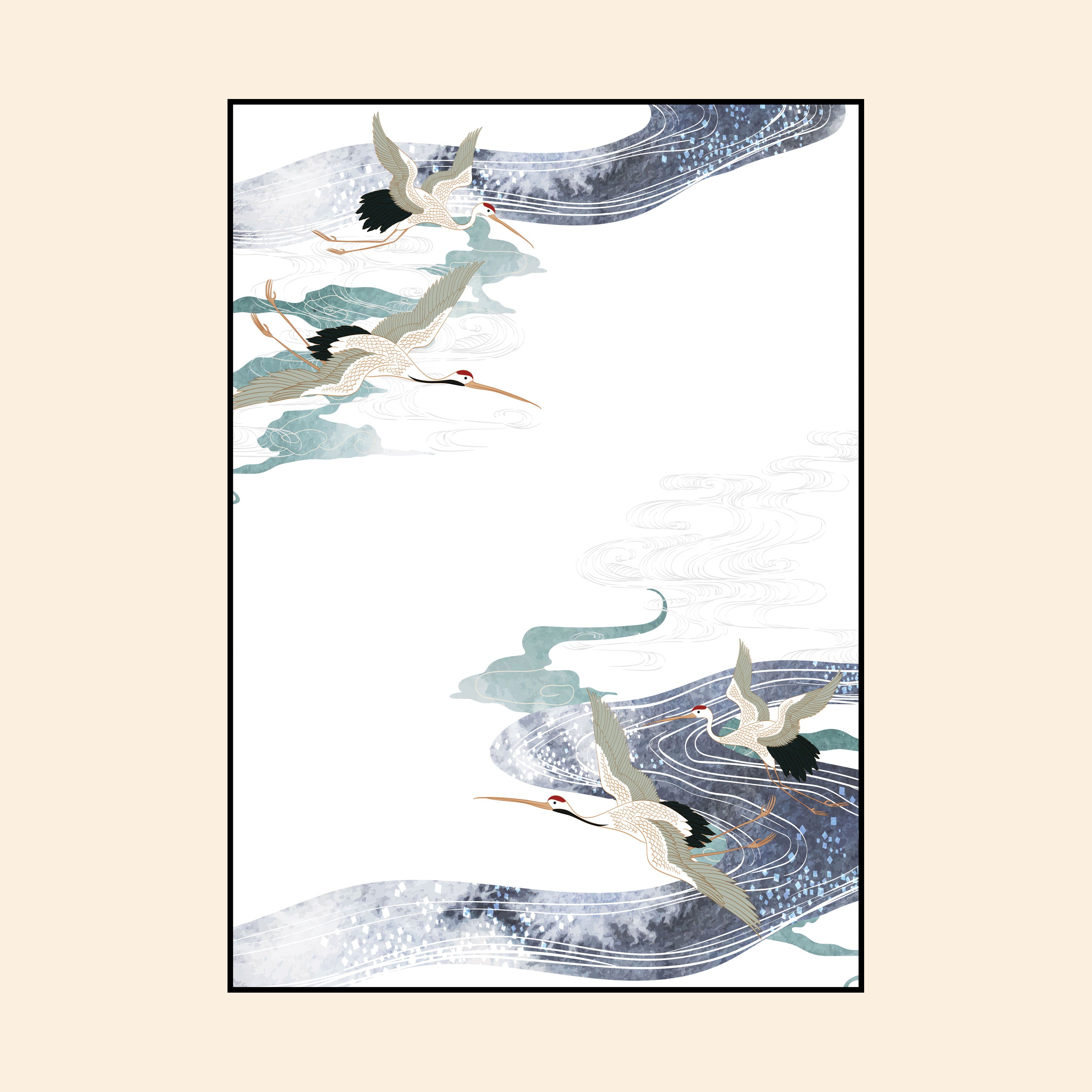Soaring Cranes & Flowing Waters – Japanese Zen Wall Art.