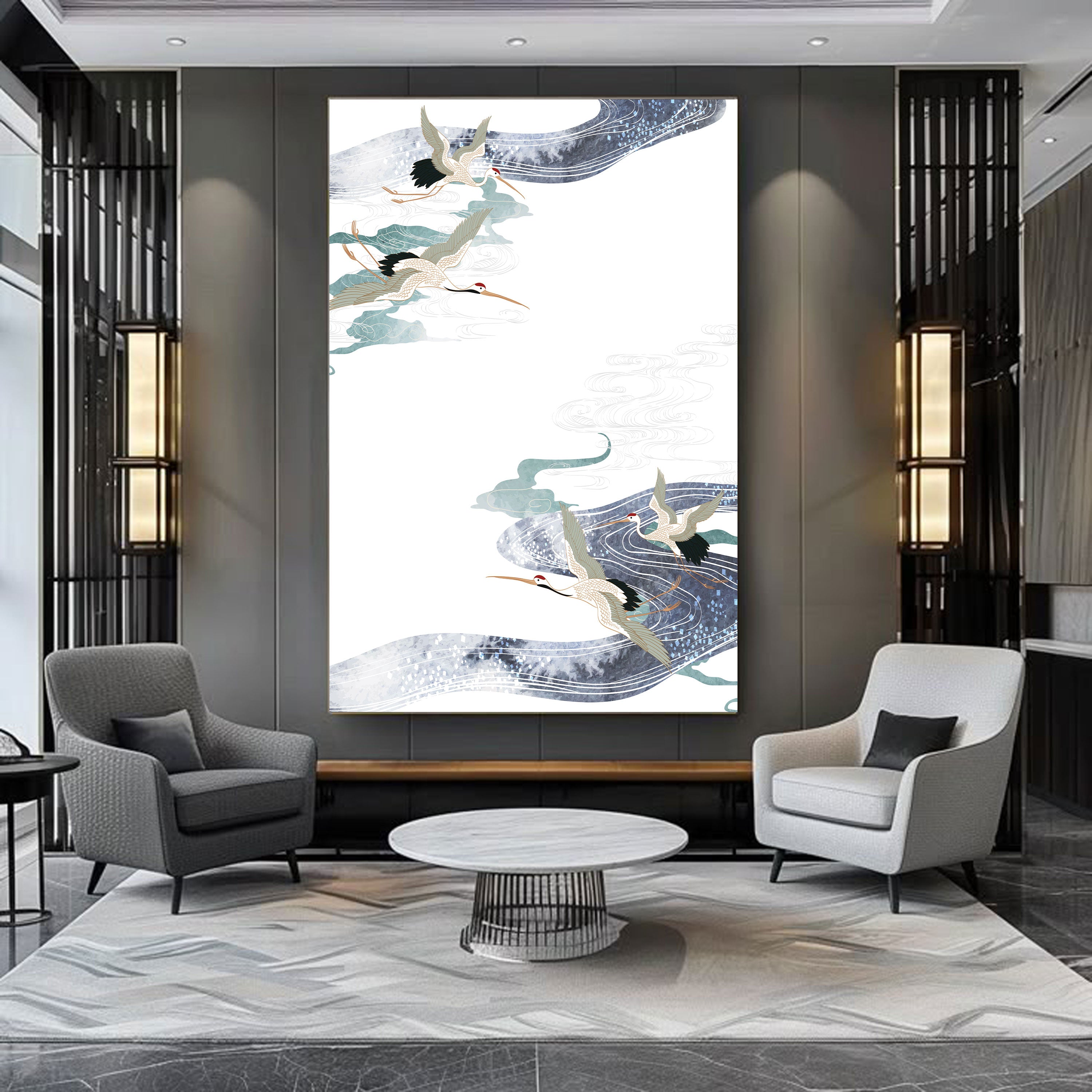 Soaring Cranes & Flowing Waters – Japanese Zen Wall Art.
