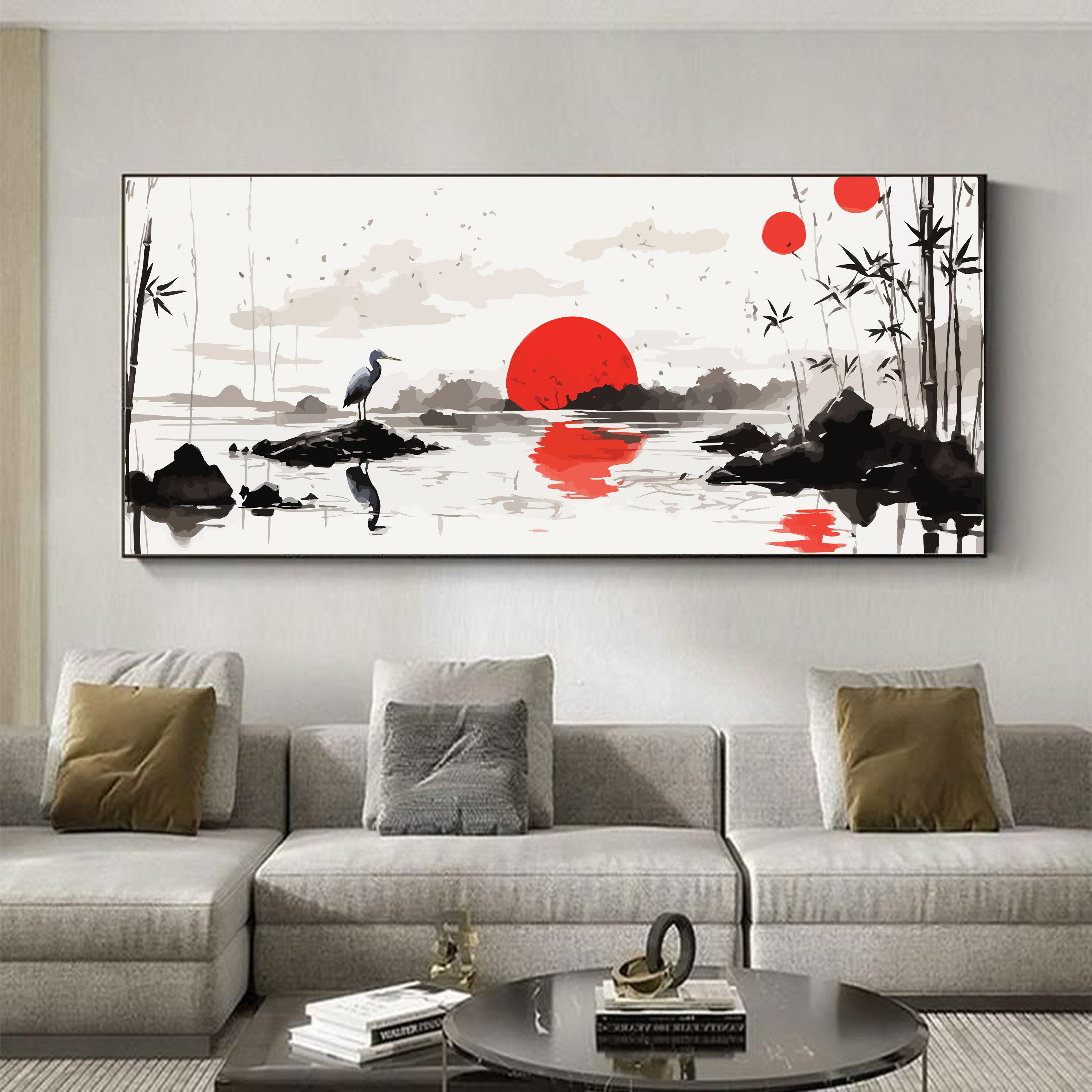 Heron at Dawn – Japanese Sunset Landscape Wall Art.