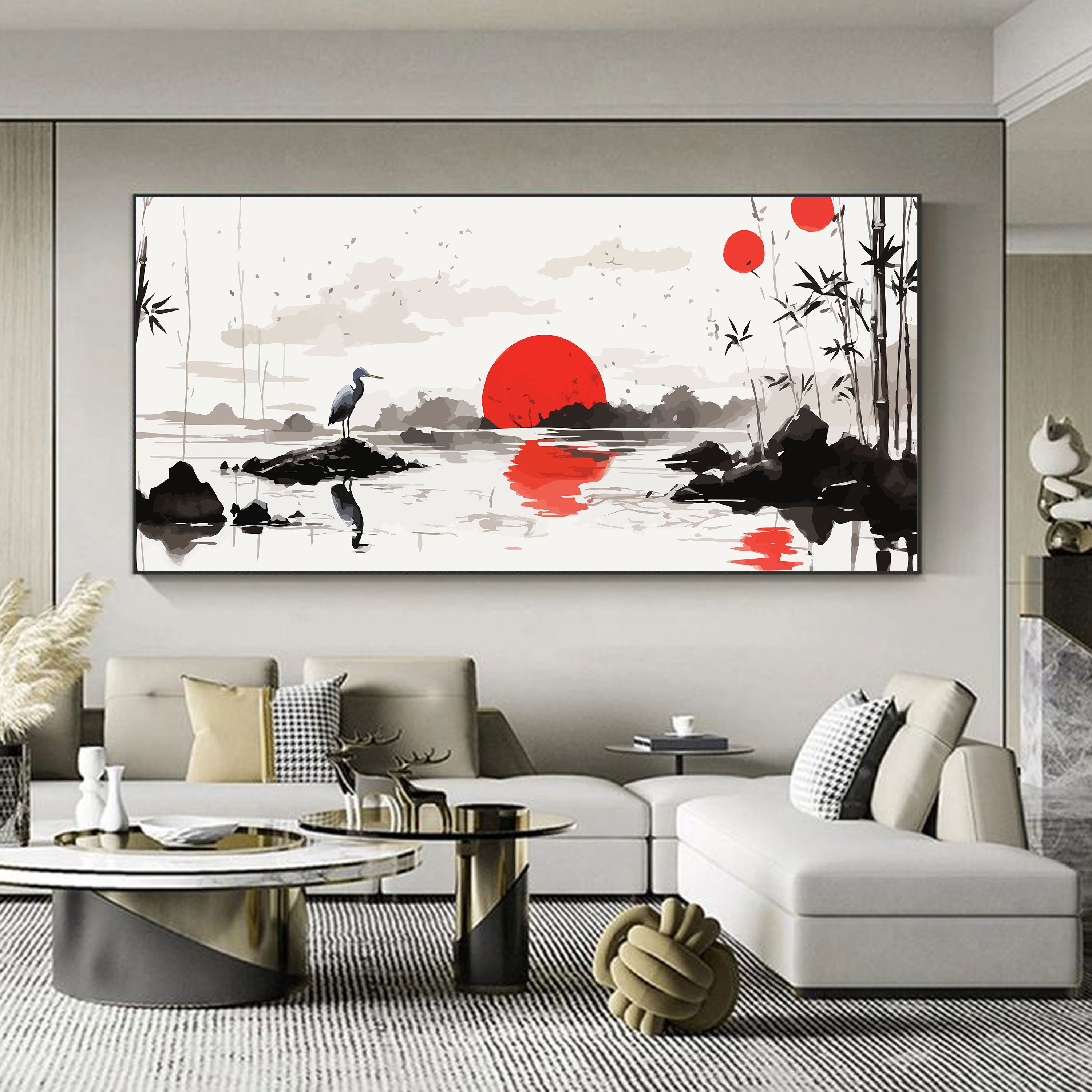 Heron at Dawn – Japanese Sunset Landscape Wall Art.