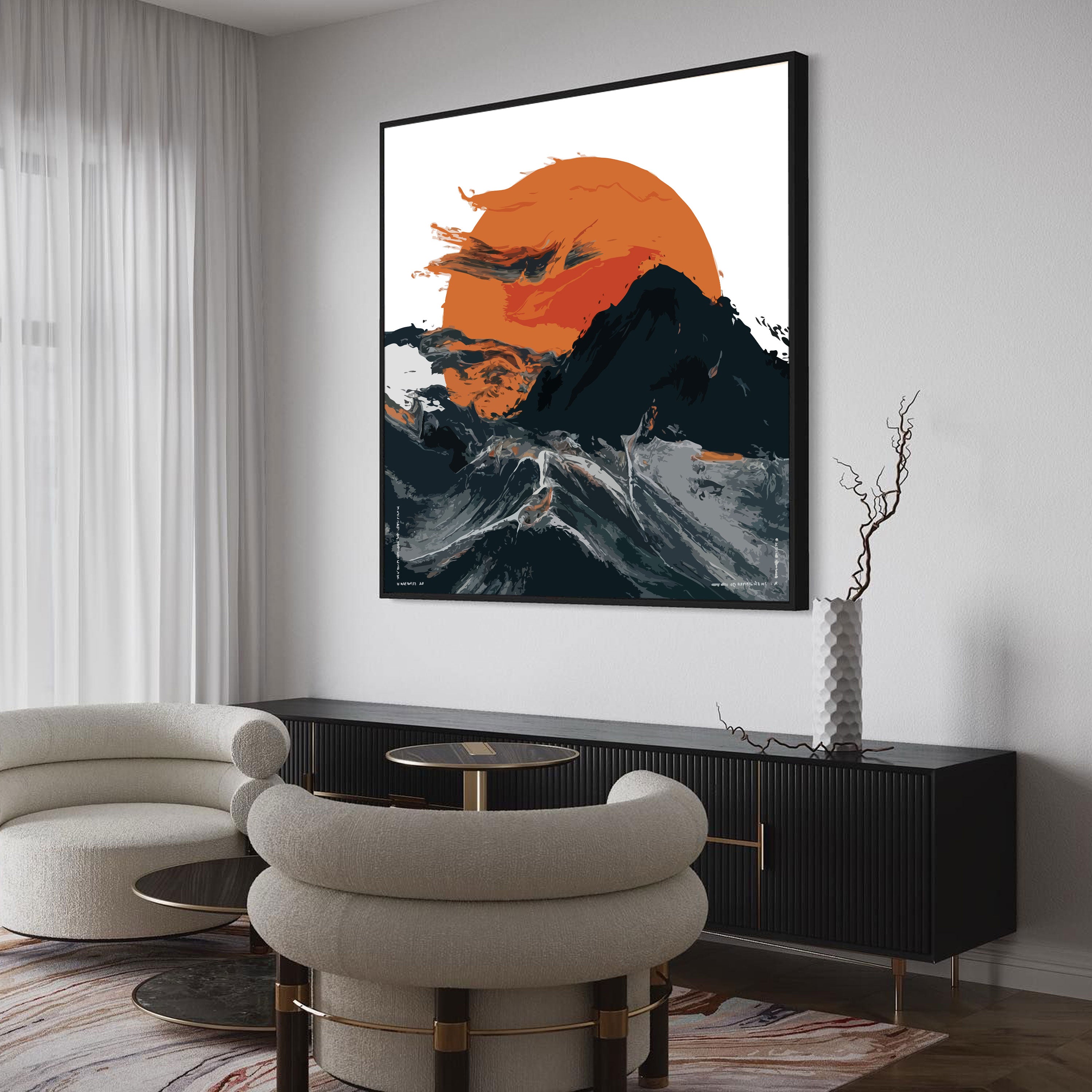 Fire & Flow – Abstract Sunset Over Waves Wall Art by Krutik.