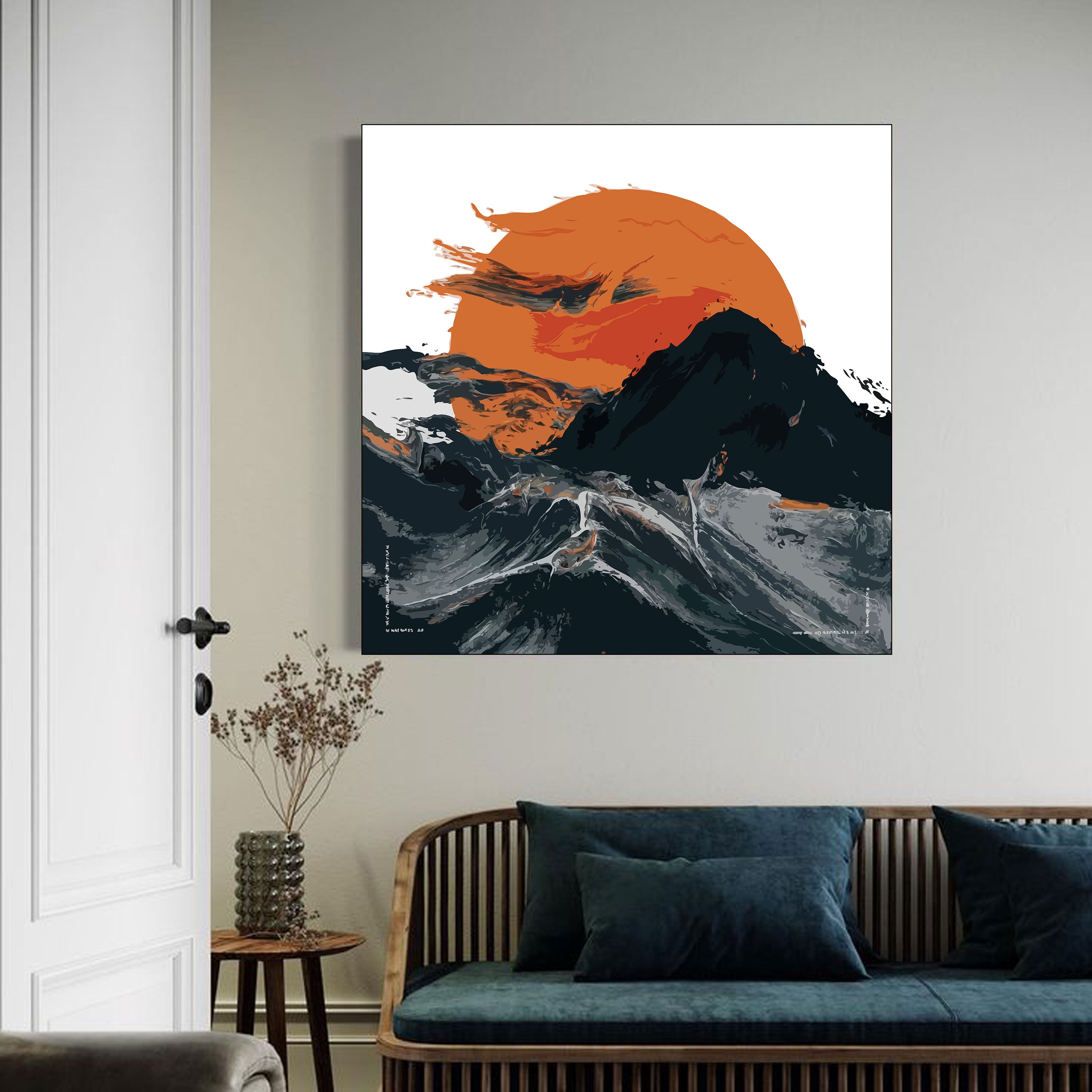 Fire & Flow – Abstract Sunset Over Waves Wall Art by Krutik.
