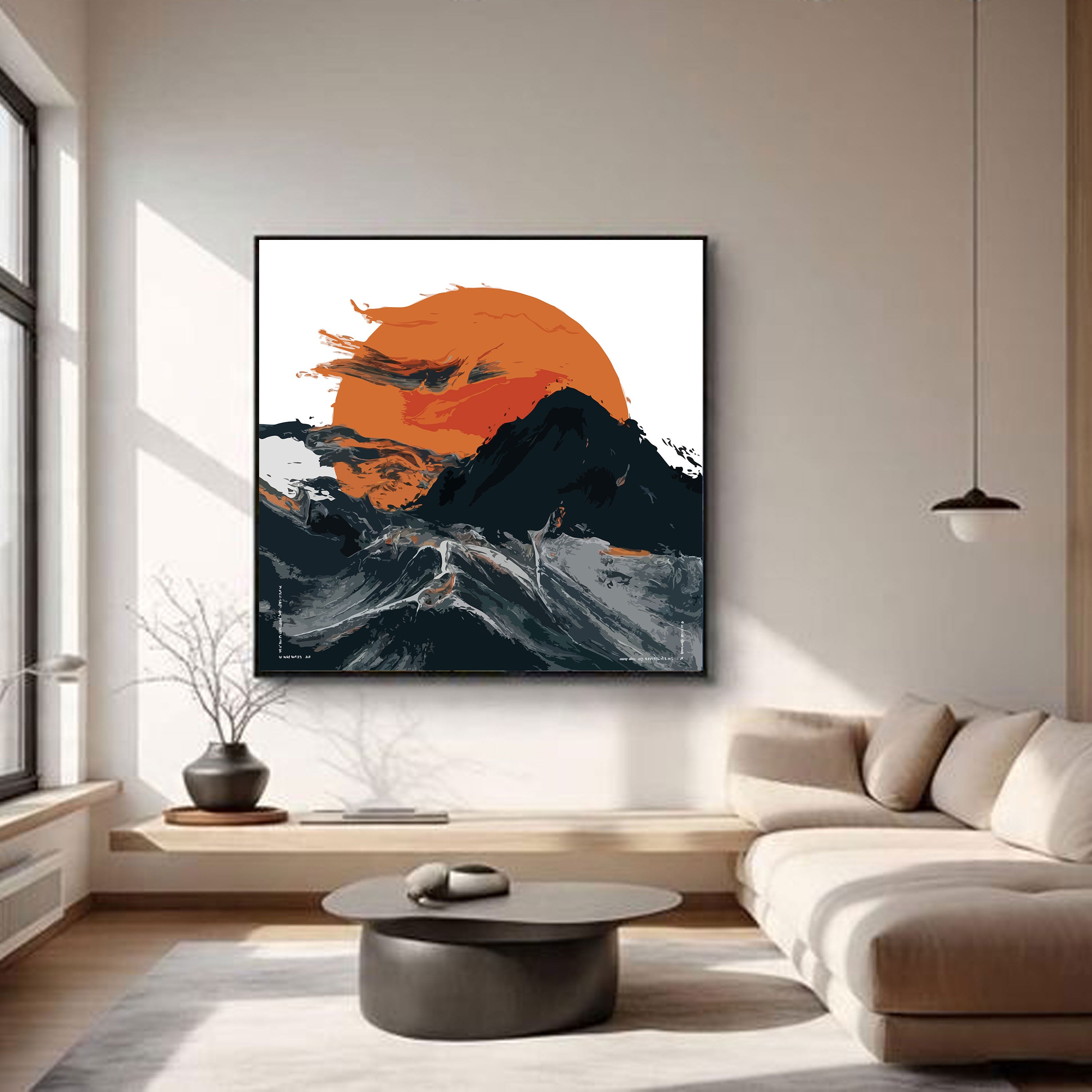 Fire & Flow – Abstract Sunset Over Waves Wall Art by Krutik.