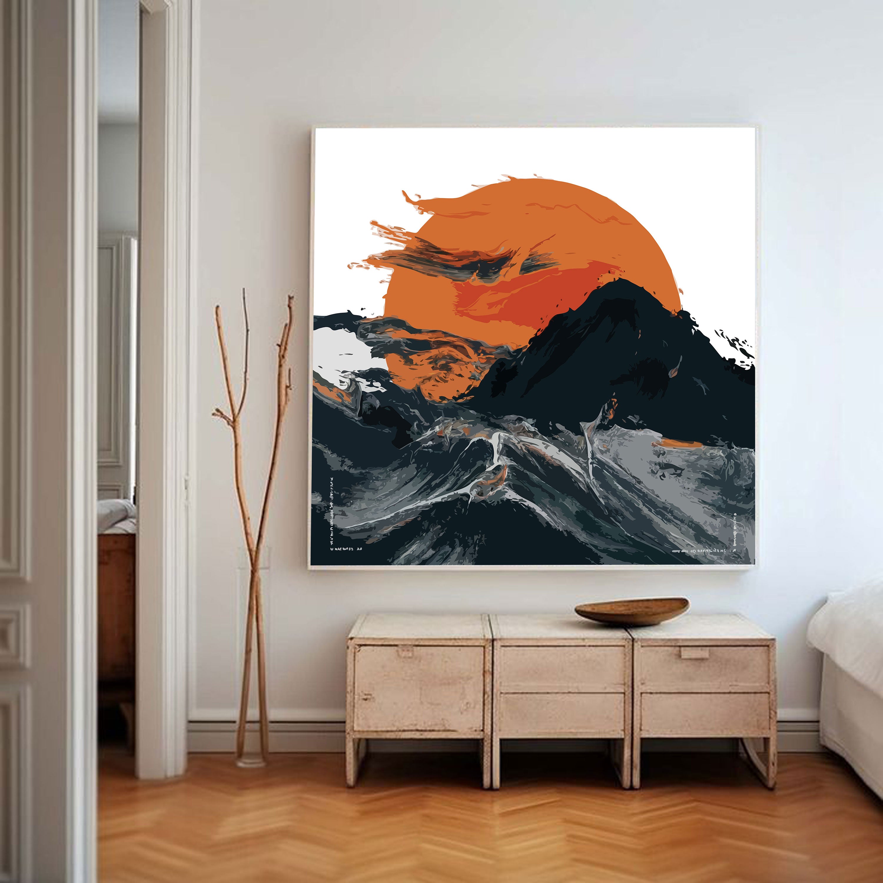Fire & Flow – Abstract Sunset Over Waves Wall Art by Krutik.