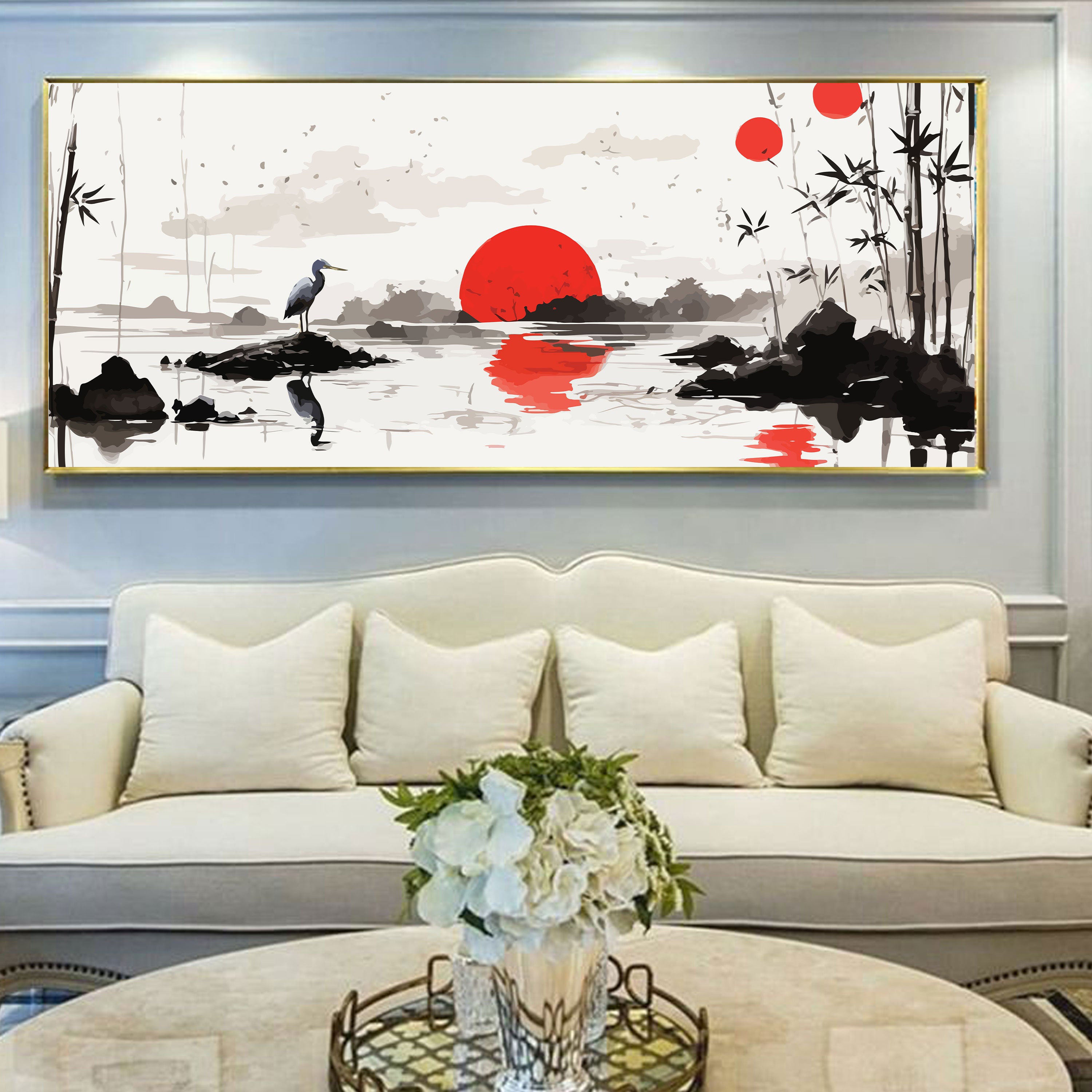 Heron at Dawn – Japanese Sunset Landscape Wall Art.