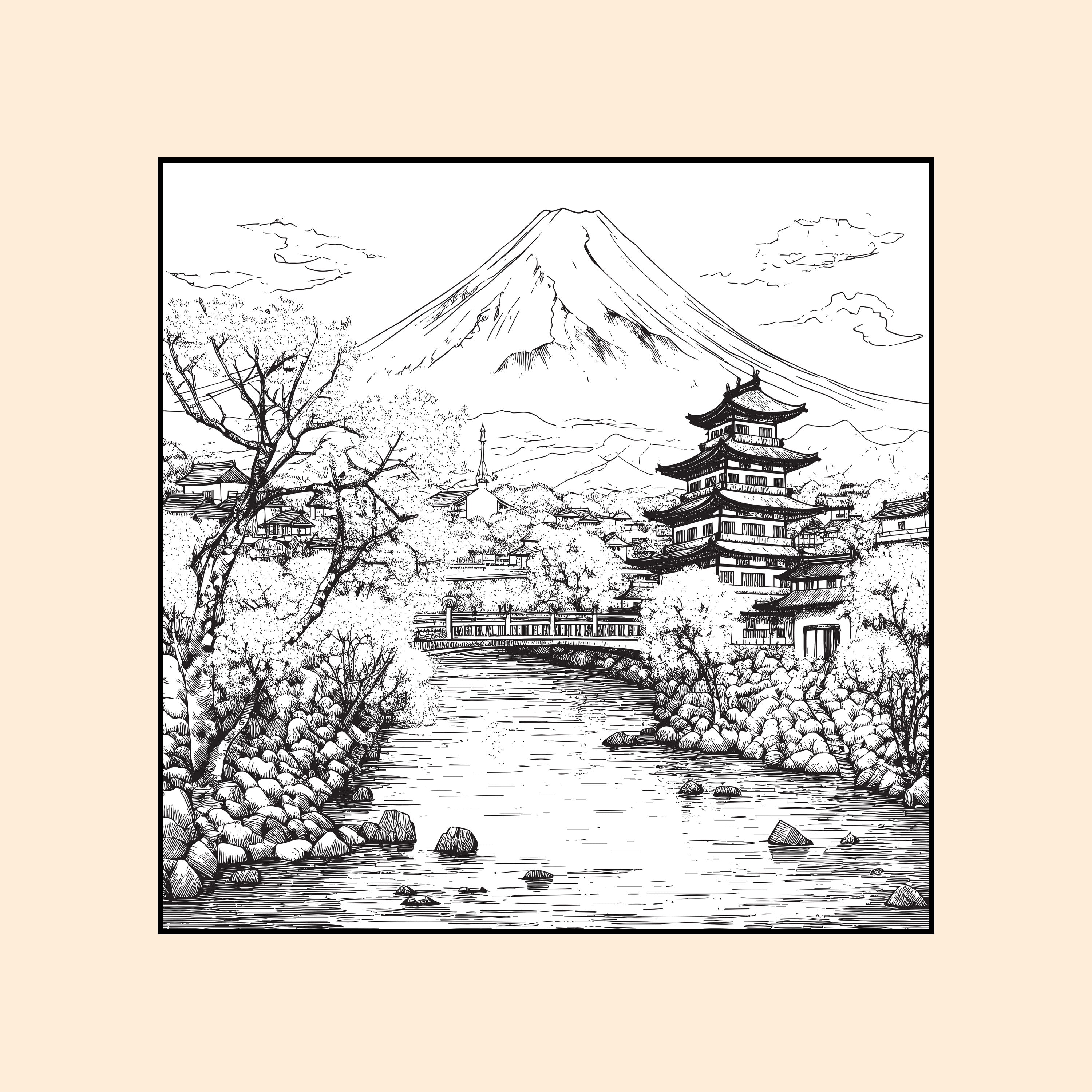 Mount Fuji Serenity – Traditional Japanese Ink Landscape.