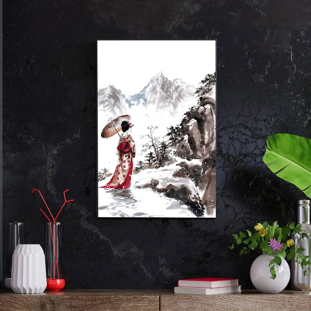 Yuki no Onna – Japanese Woman in Kimono with Snowy Mountains Wall Art.