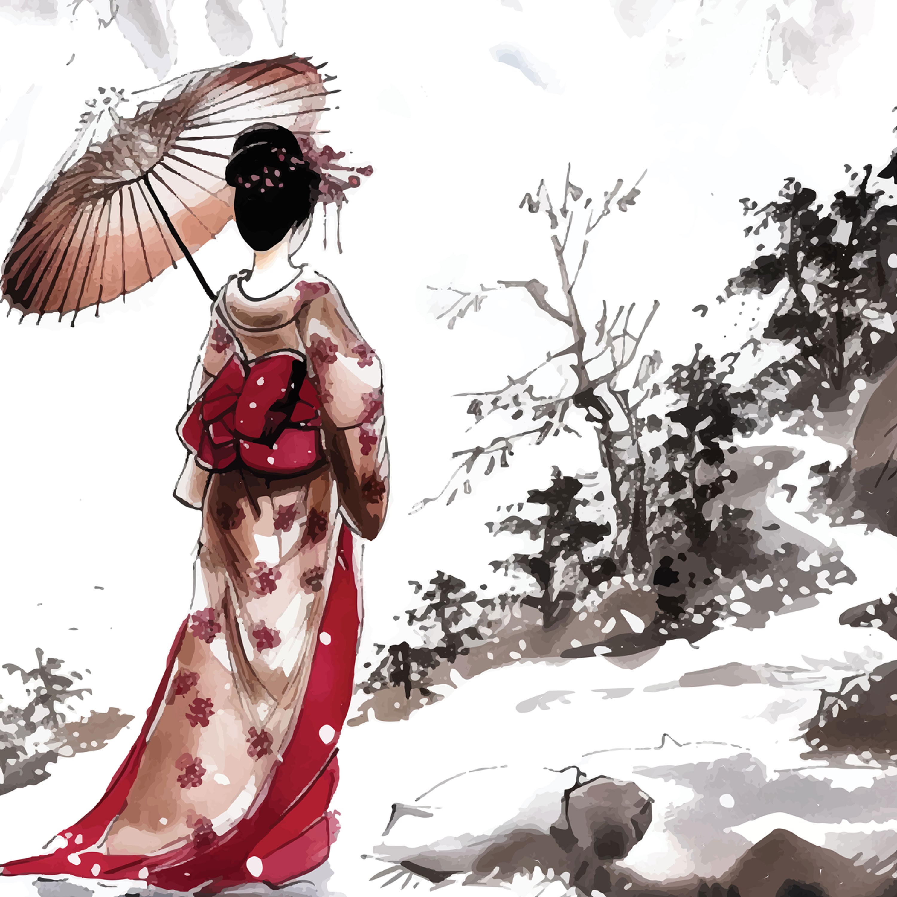 Yuki no Onna – Japanese Woman in Kimono with Snowy Mountains Wall Art.