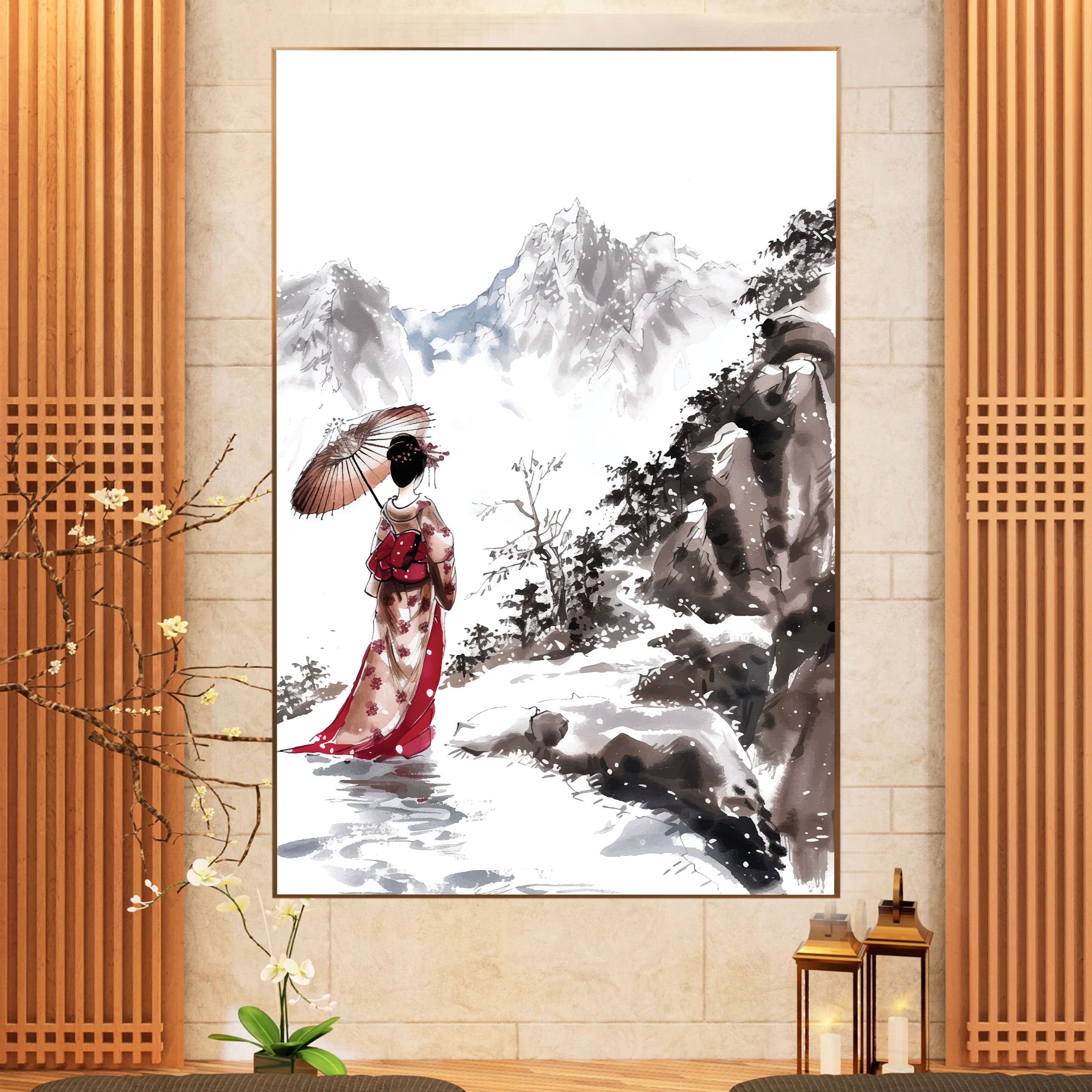 Yuki no Onna – Japanese Woman in Kimono with Snowy Mountains Wall Art.