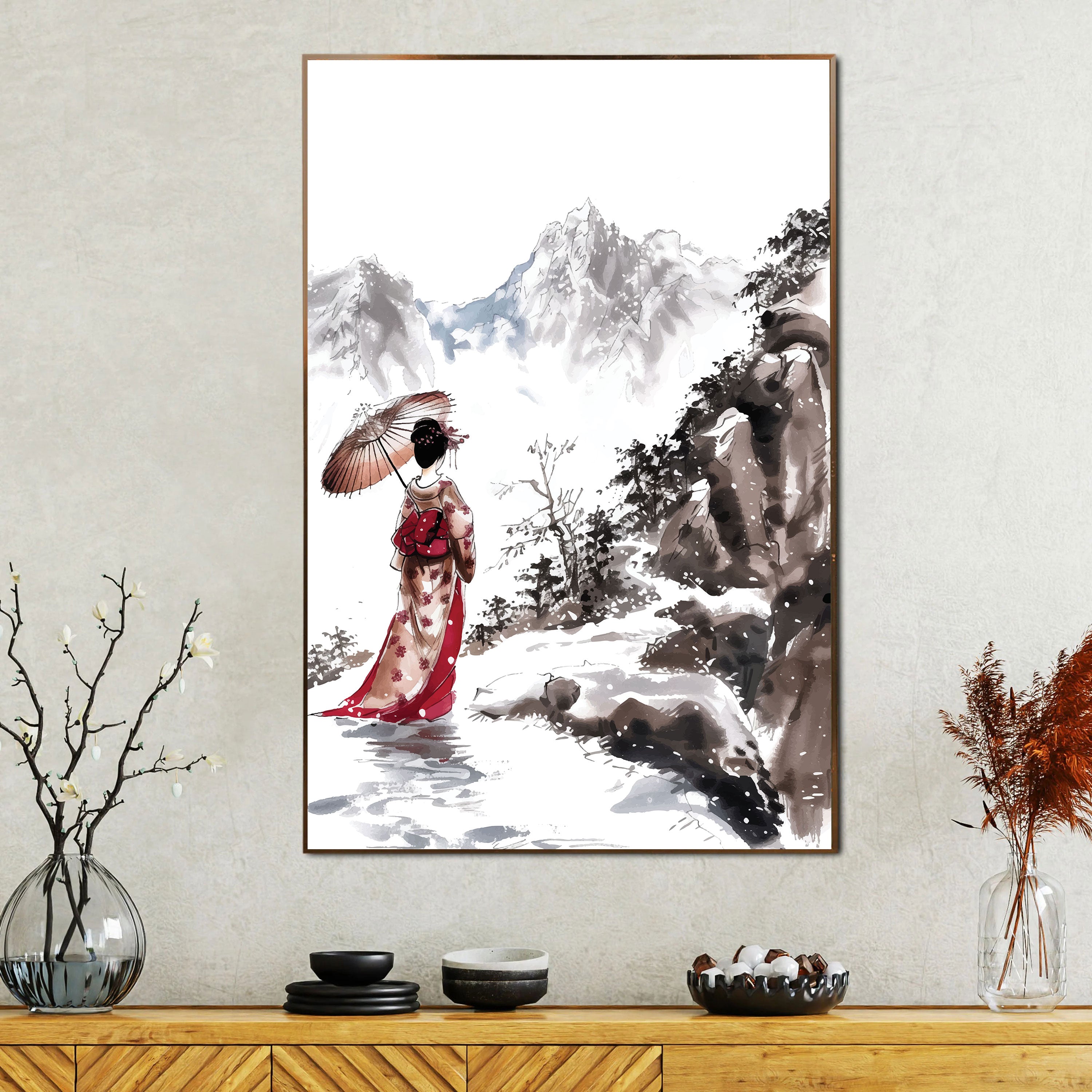 Yuki no Onna – Japanese Woman in Kimono with Snowy Mountains Wall Art.