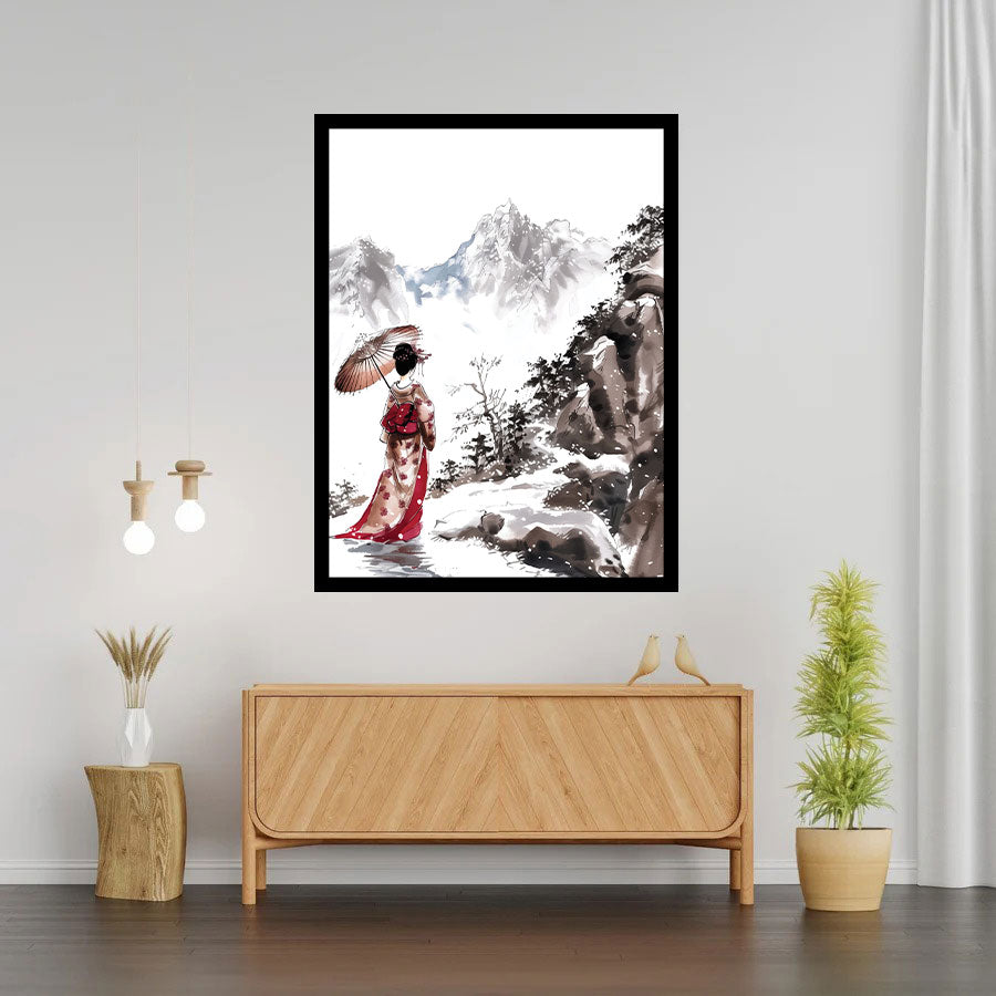 Yuki no Onna – Japanese Woman in Kimono with Snowy Mountains Wall Art.