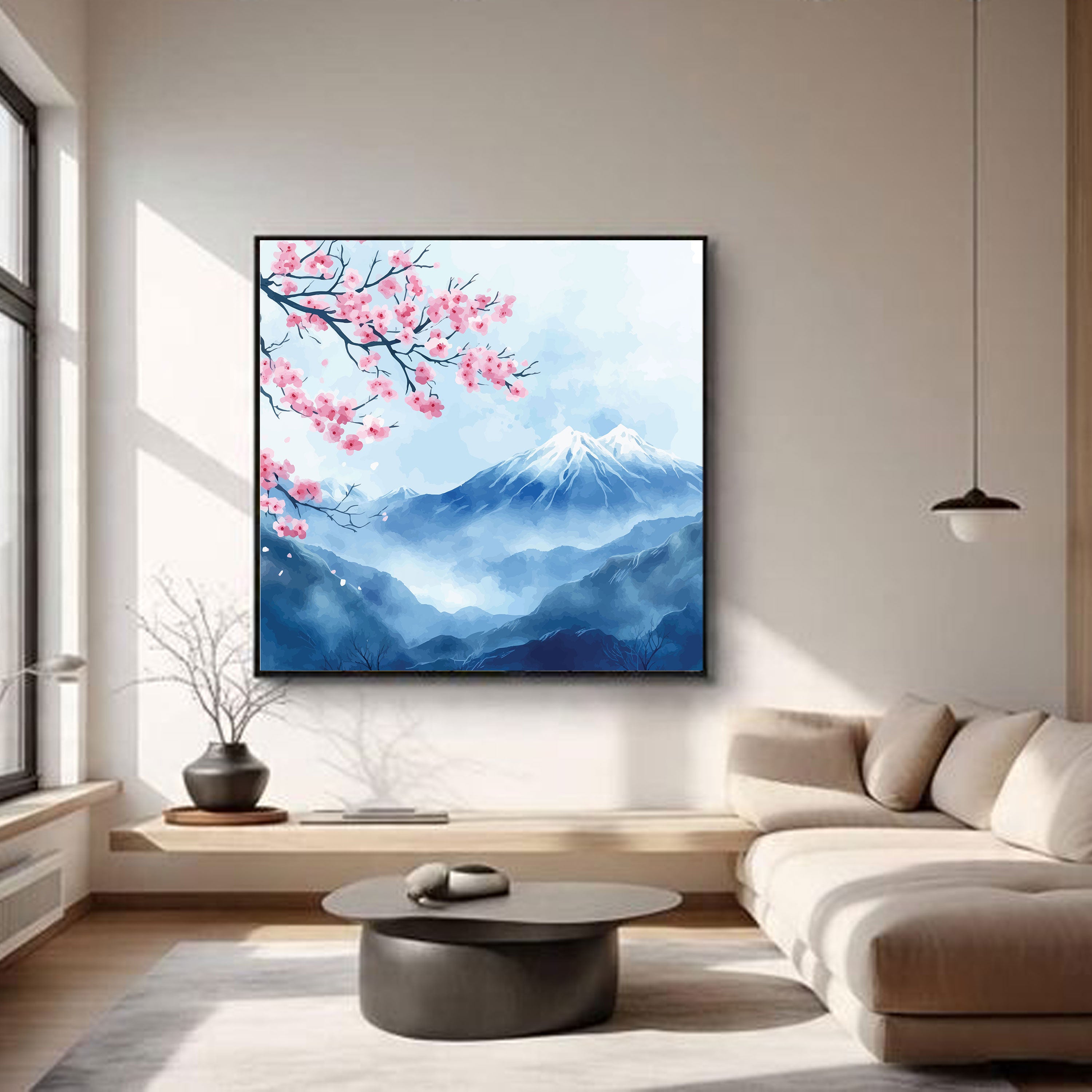 Cherry Blossoms & Snow Mountains Canvas Painting – Tranquil Nature Wall Art for Home.