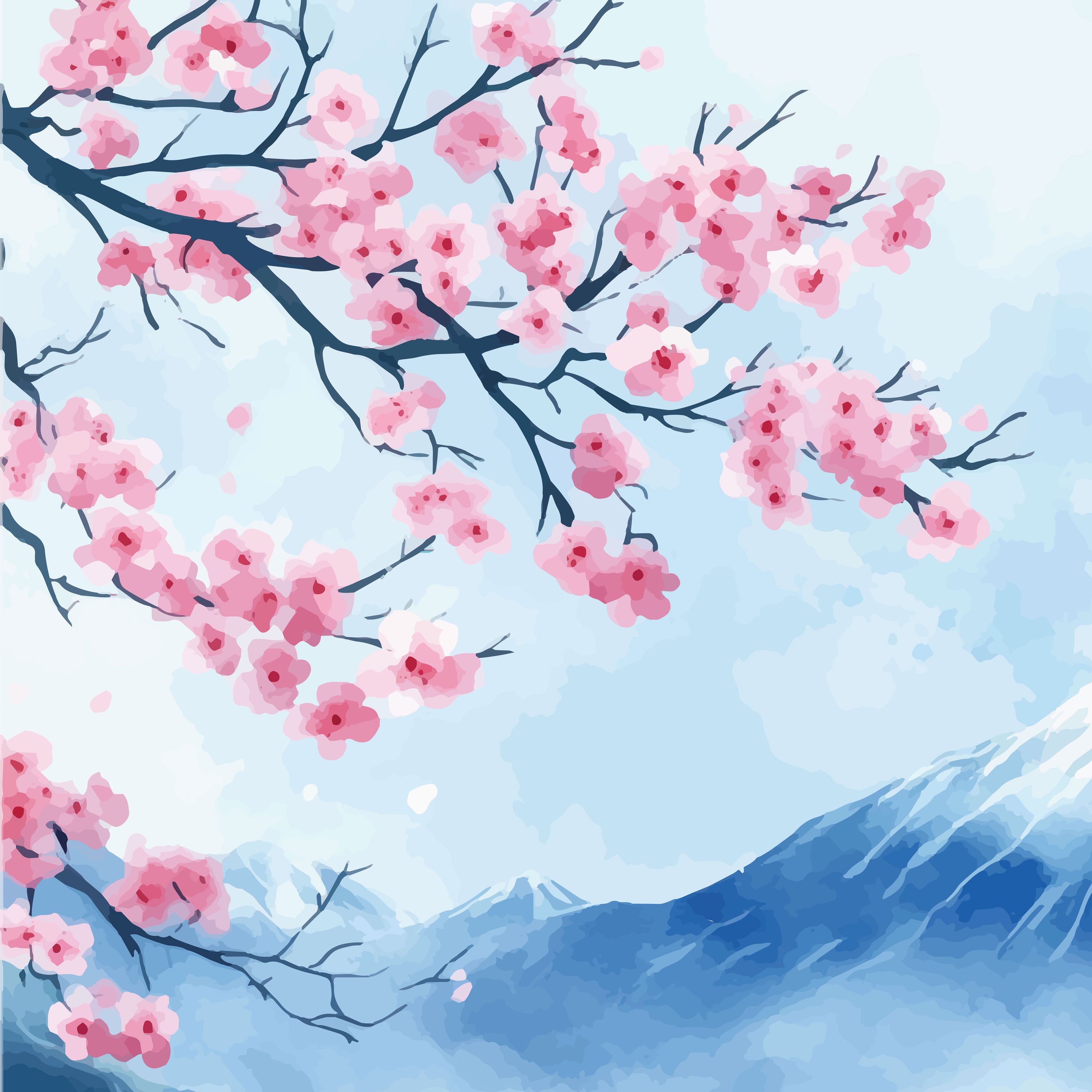 Cherry Blossoms & Snow Mountains Canvas Painting – Tranquil Nature Wall Art for Home.