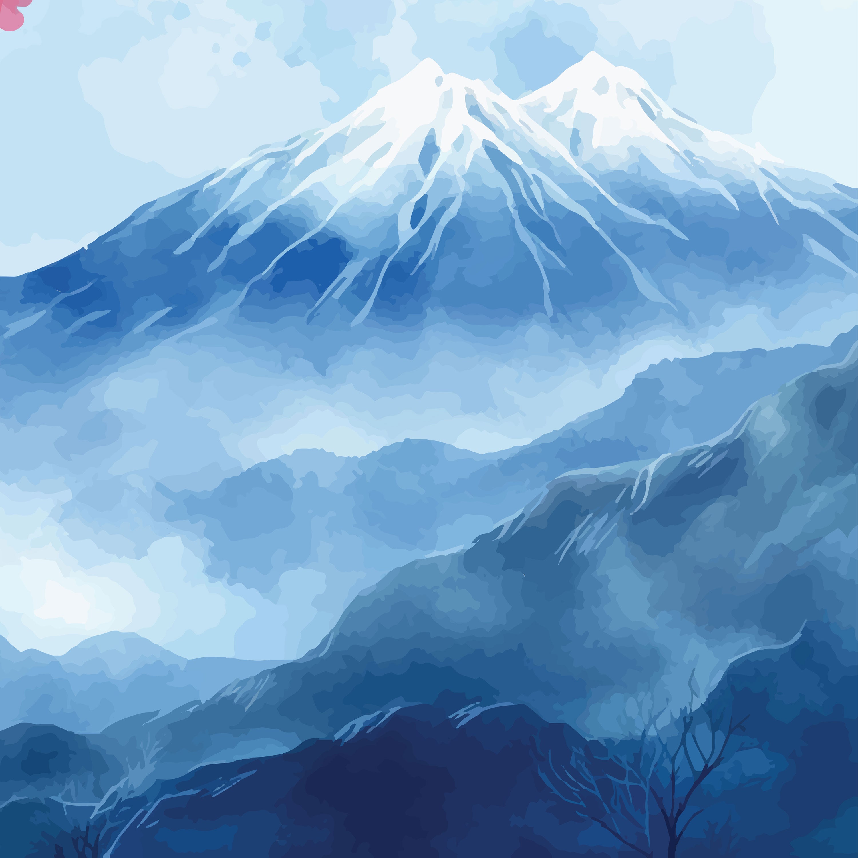 Cherry Blossoms & Snow Mountains Canvas Painting – Tranquil Nature Wall Art for Home.