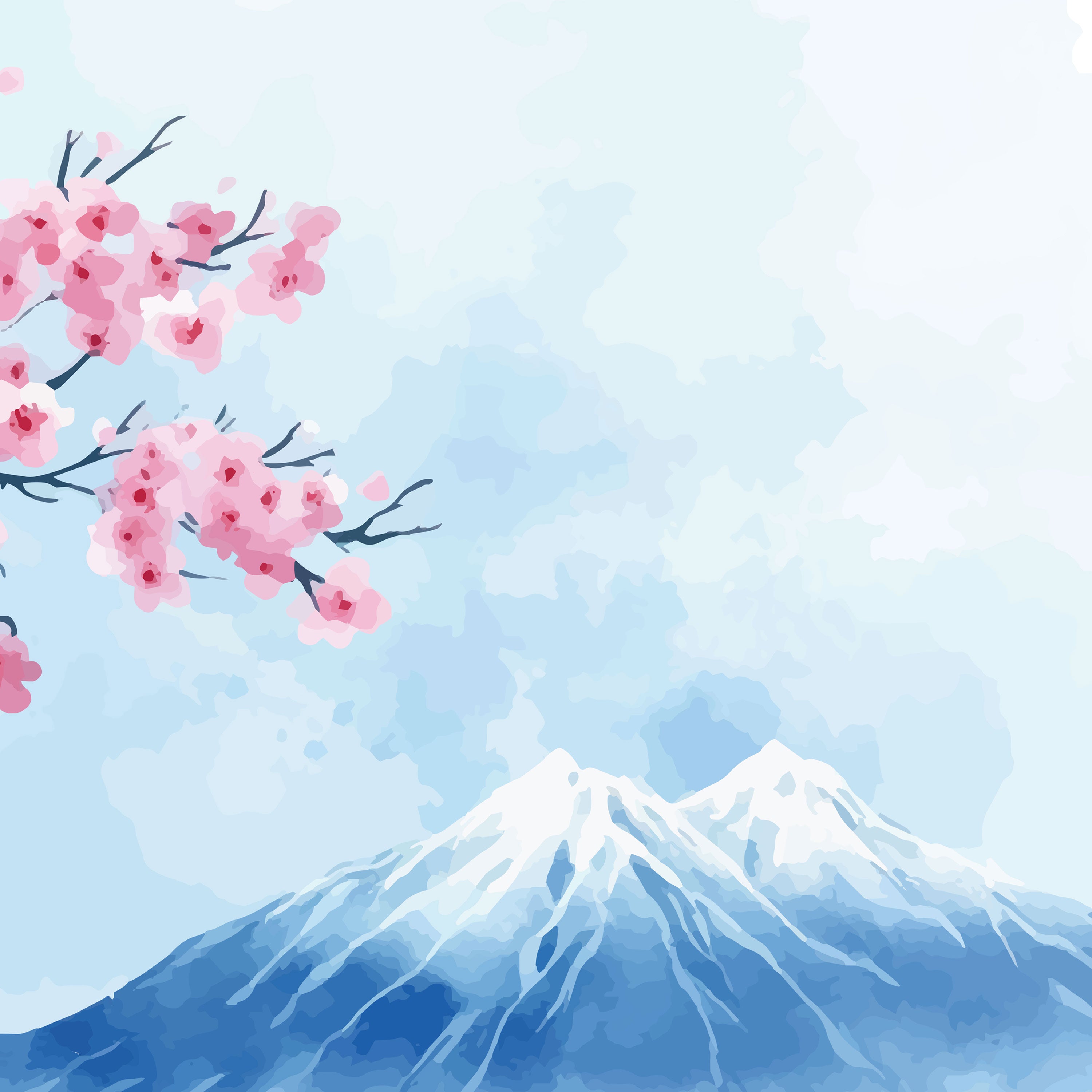 Cherry Blossoms & Snow Mountains Canvas Painting – Tranquil Nature Wall Art for Home.