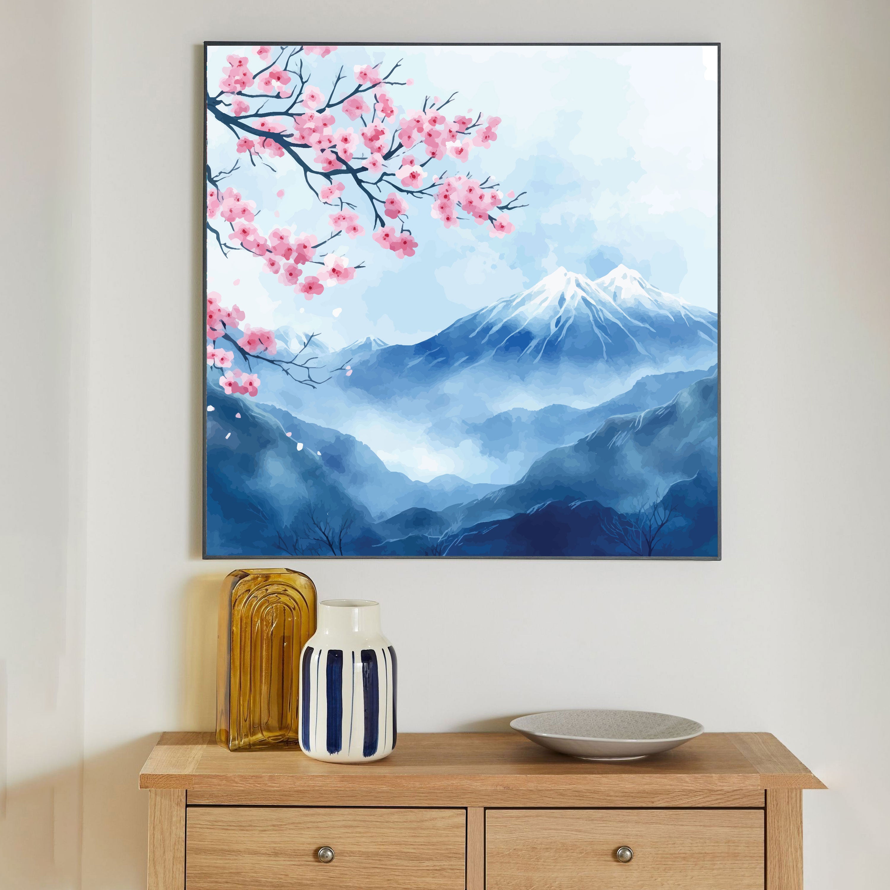 Cherry Blossoms & Snow Mountains Canvas Painting – Tranquil Nature Wall Art for Home.