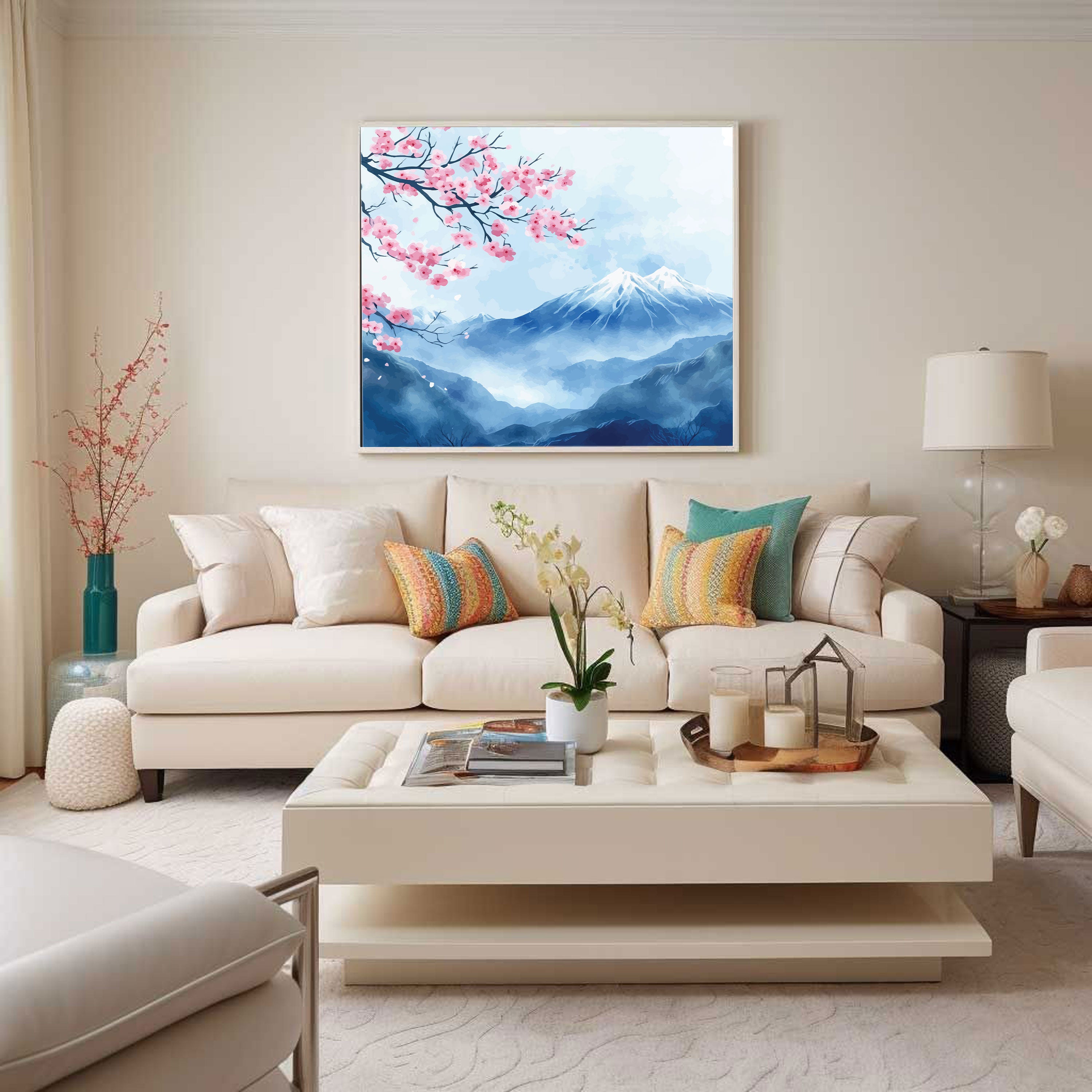 Cherry Blossoms & Snow Mountains Canvas Painting – Tranquil Nature Wall Art for Home.