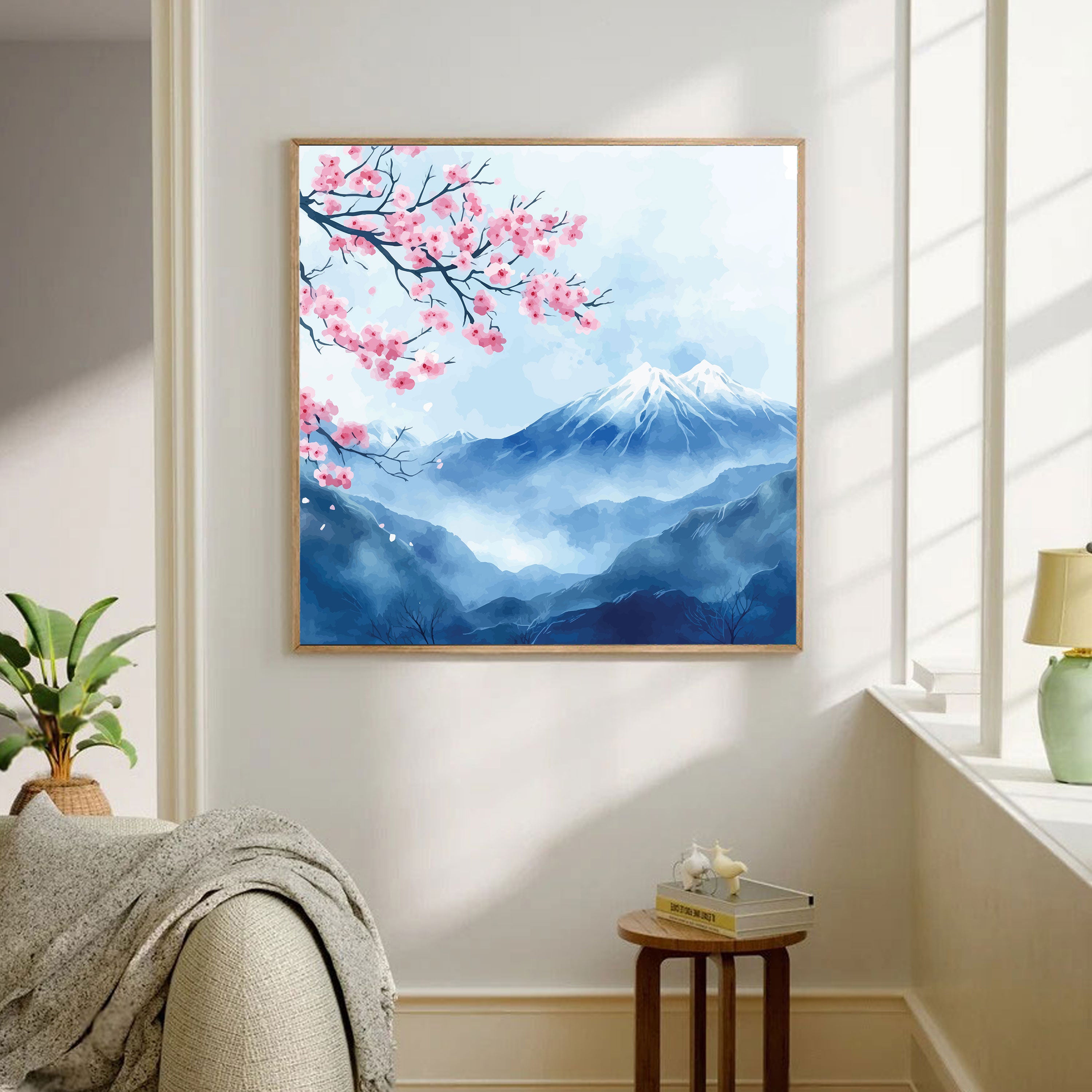 Cherry Blossoms & Snow Mountains Canvas Painting – Tranquil Nature Wall Art for Home.