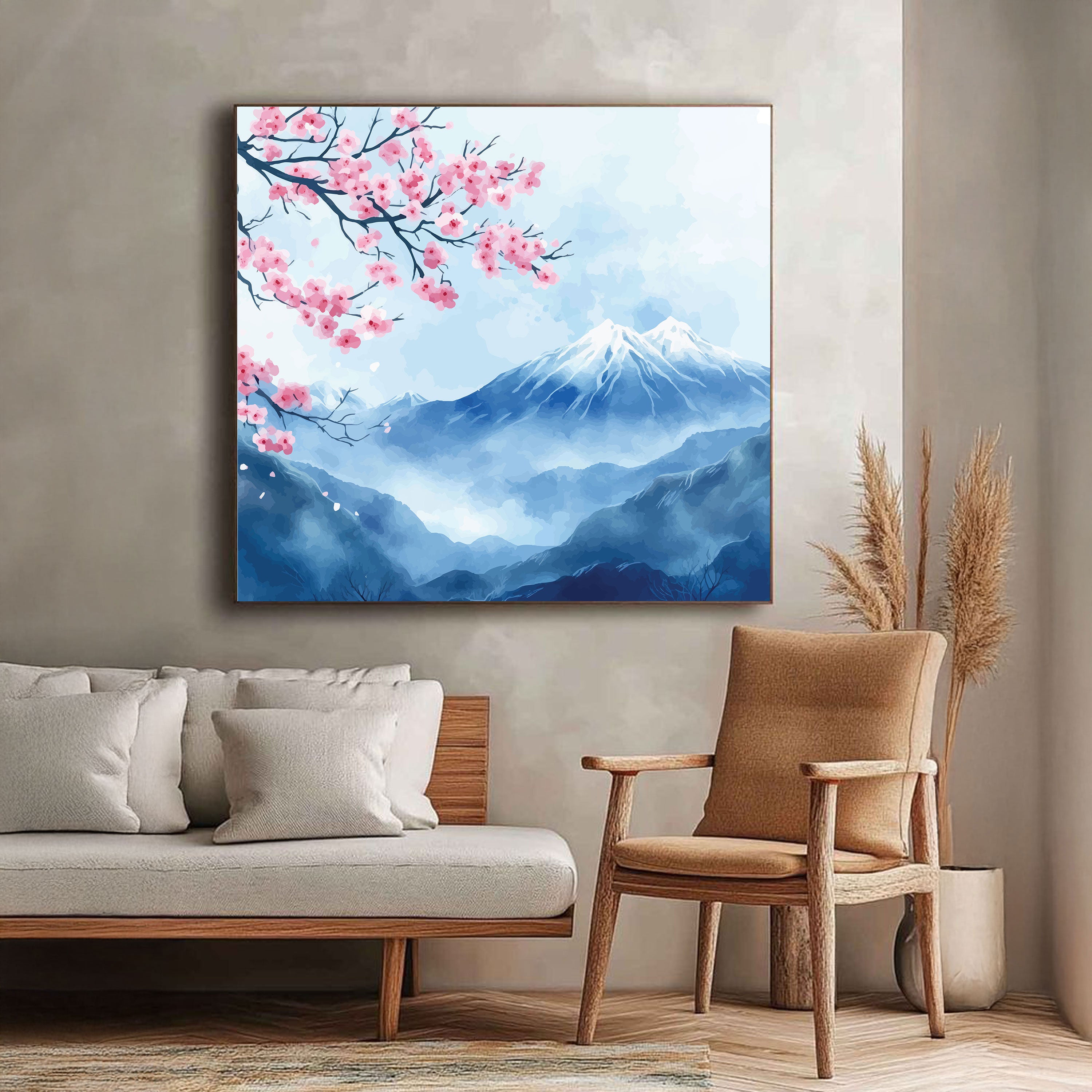 Cherry Blossoms & Snow Mountains Canvas Painting – Tranquil Nature Wall Art for Home.