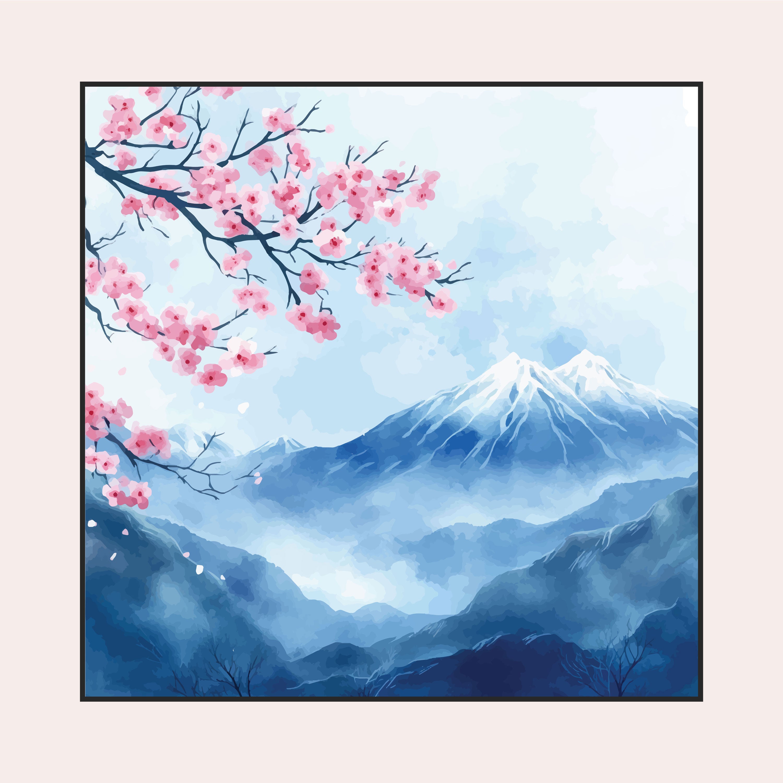 Cherry Blossoms & Snow Mountains Canvas Painting – Tranquil Nature Wall Art for Home.