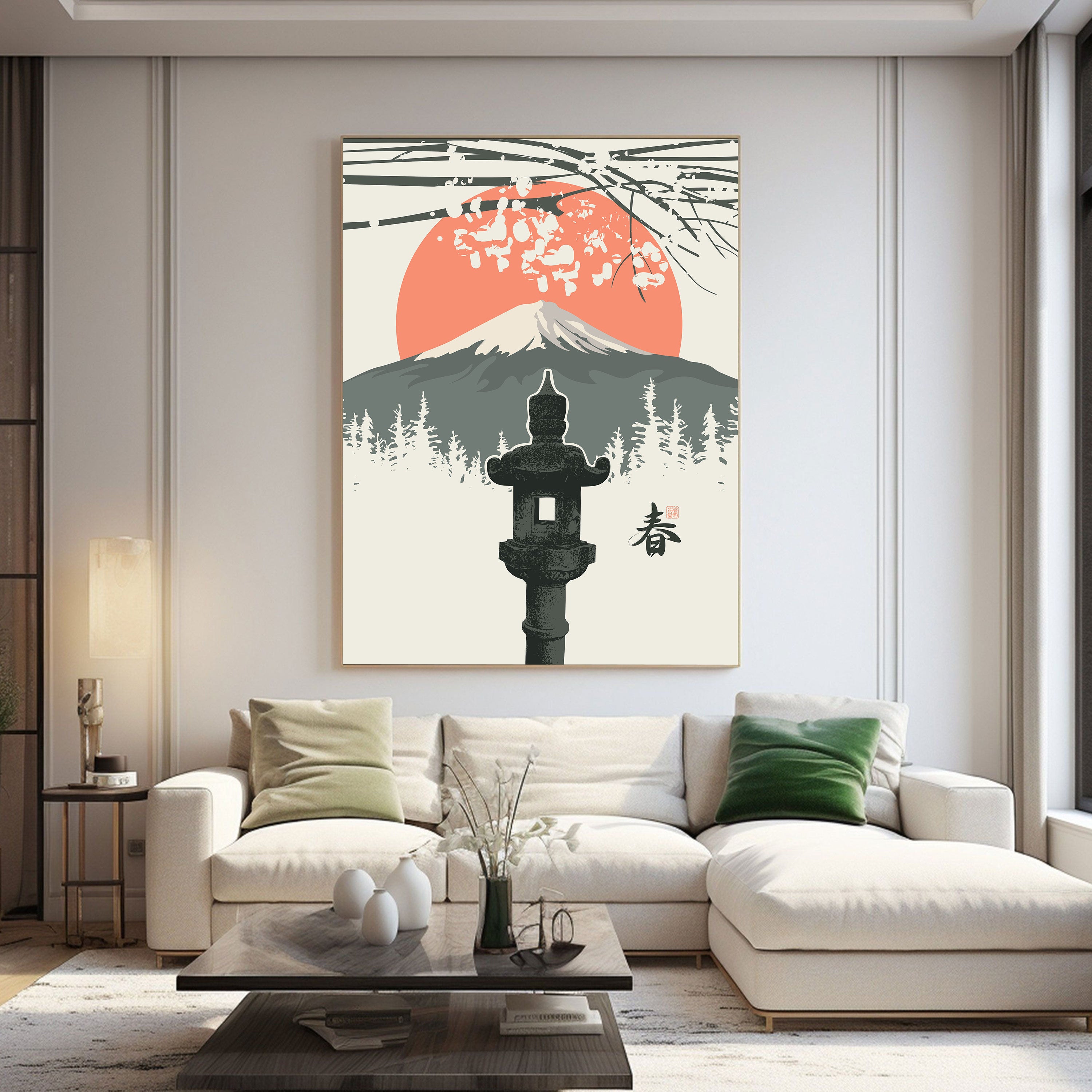 Fuji Spring Minimalist Wall Art – Japanese Lantern & Sakura.