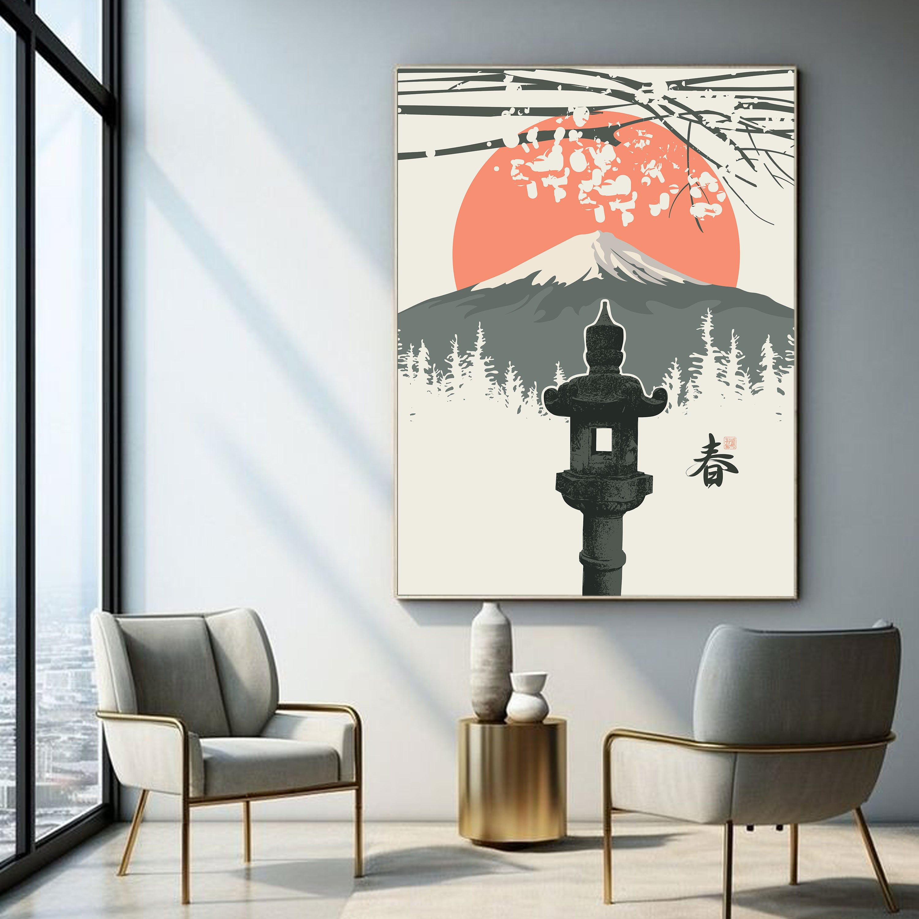 Fuji Spring Minimalist Wall Art – Japanese Lantern & Sakura.