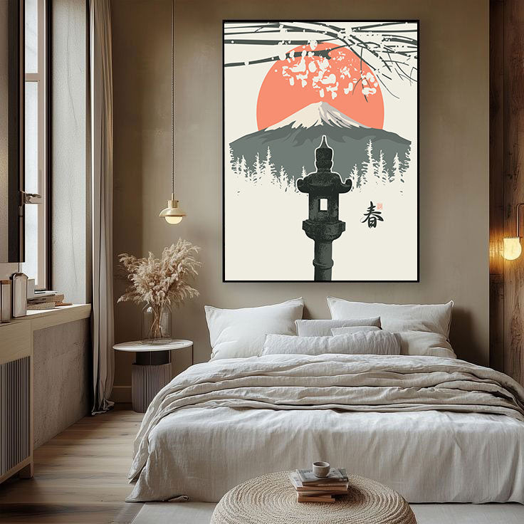 Fuji Spring Minimalist Wall Art – Japanese Lantern & Sakura.