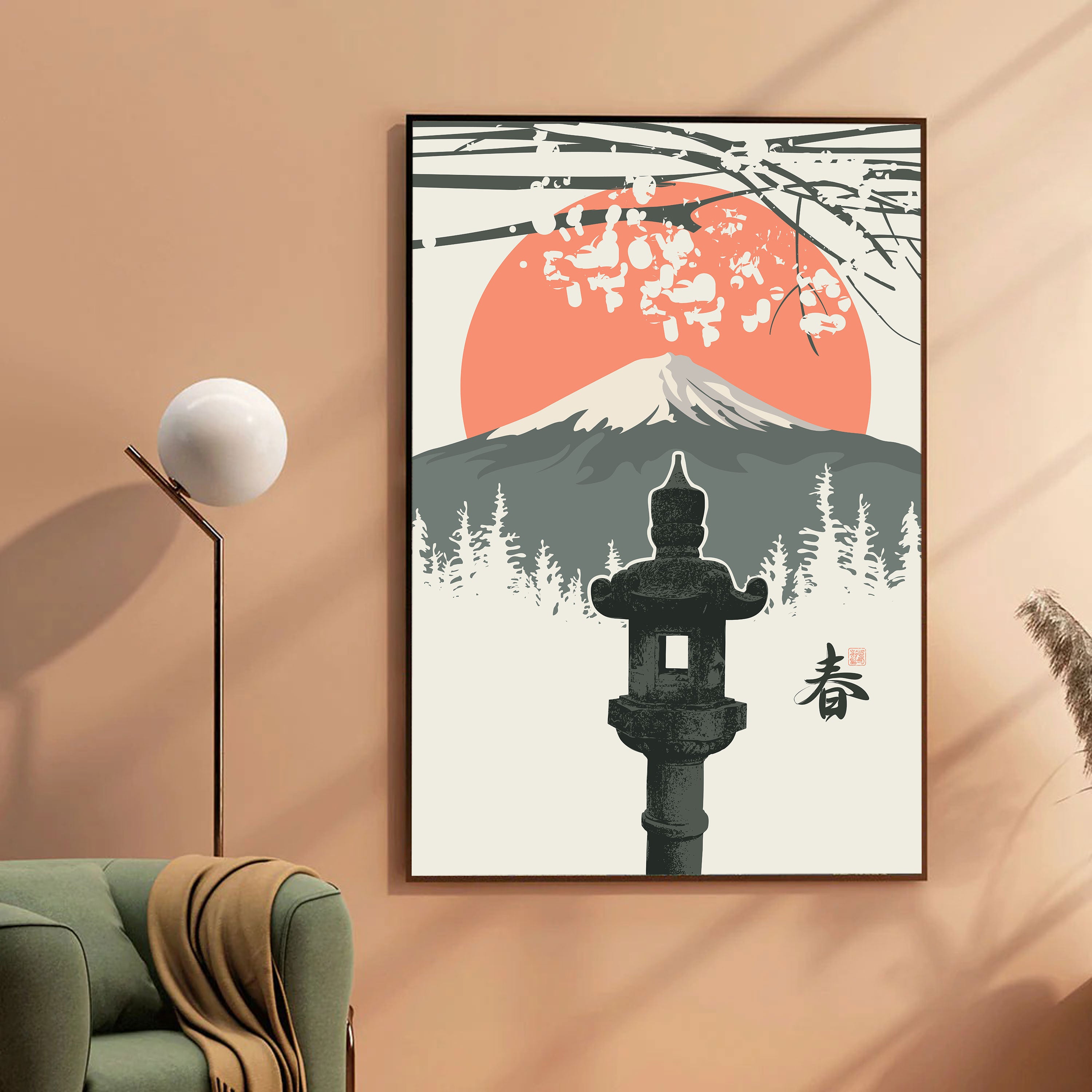Fuji Spring Minimalist Wall Art – Japanese Lantern & Sakura.