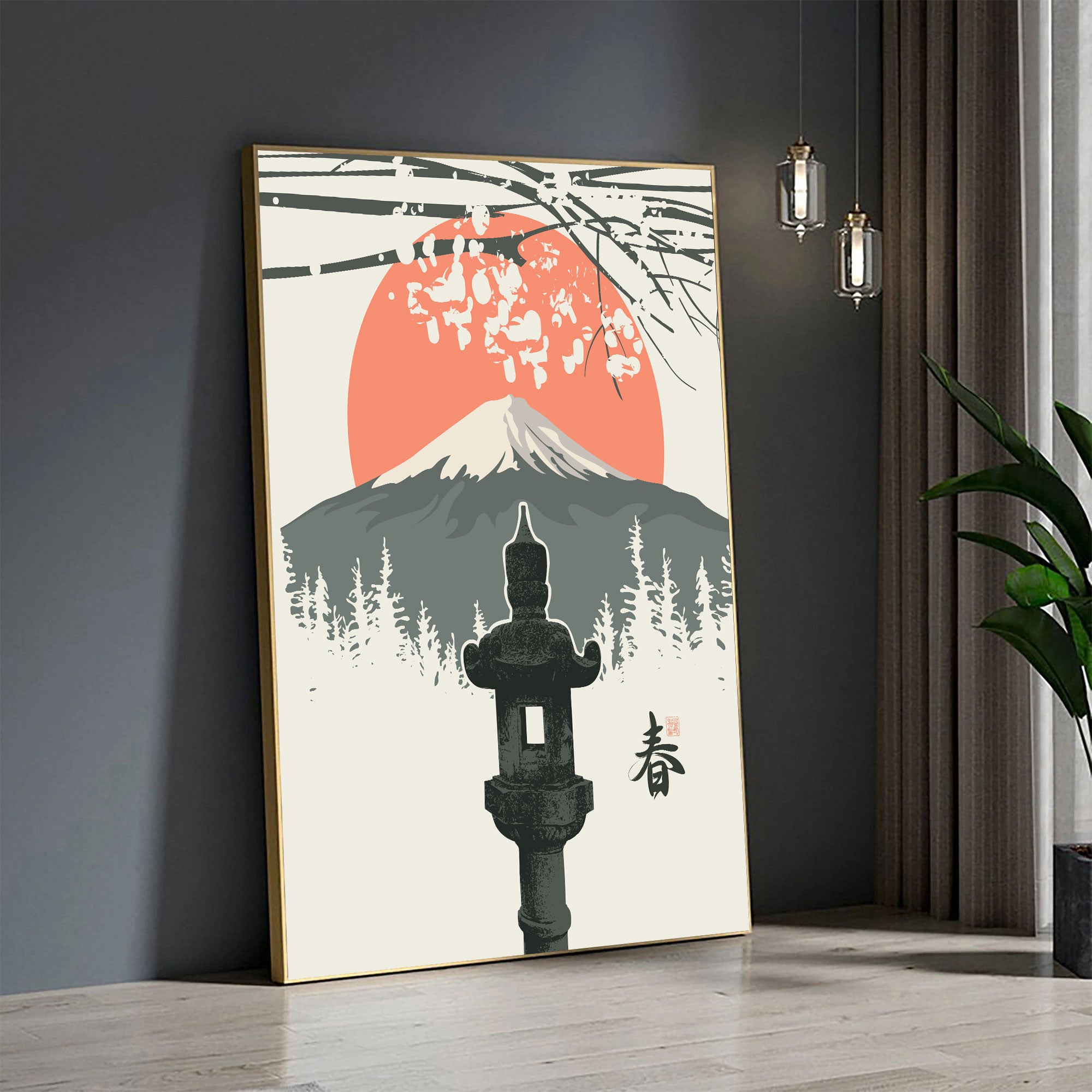 Fuji Spring Minimalist Wall Art – Japanese Lantern & Sakura.