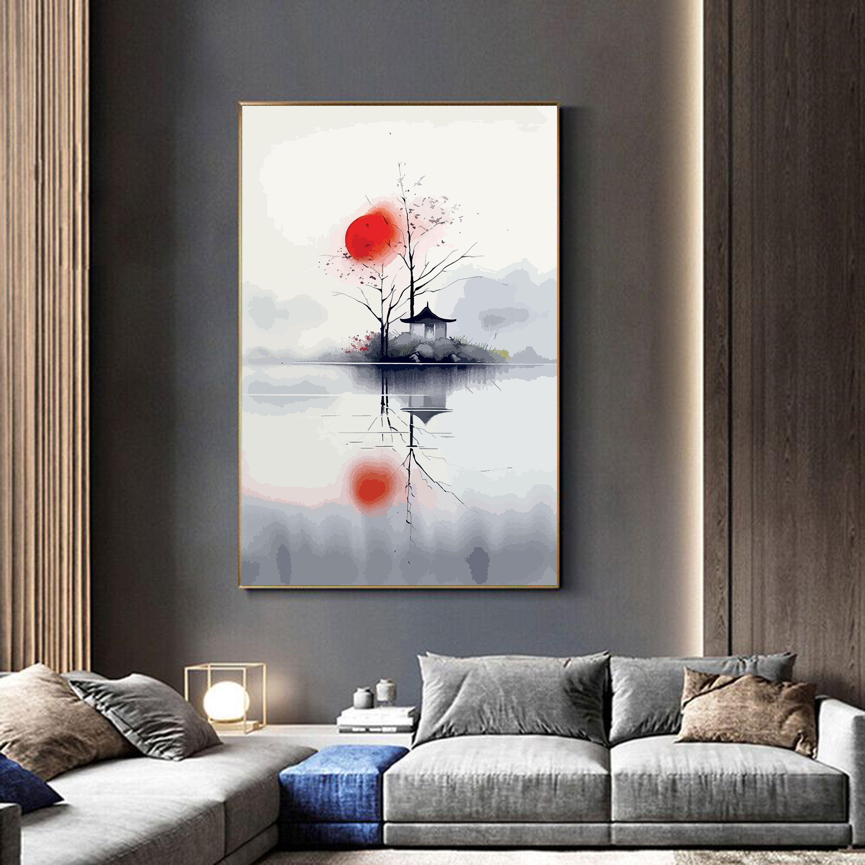 Shinkai no Akari – Minimal Japanese Red Sun & Temple Reflection Wall Art.