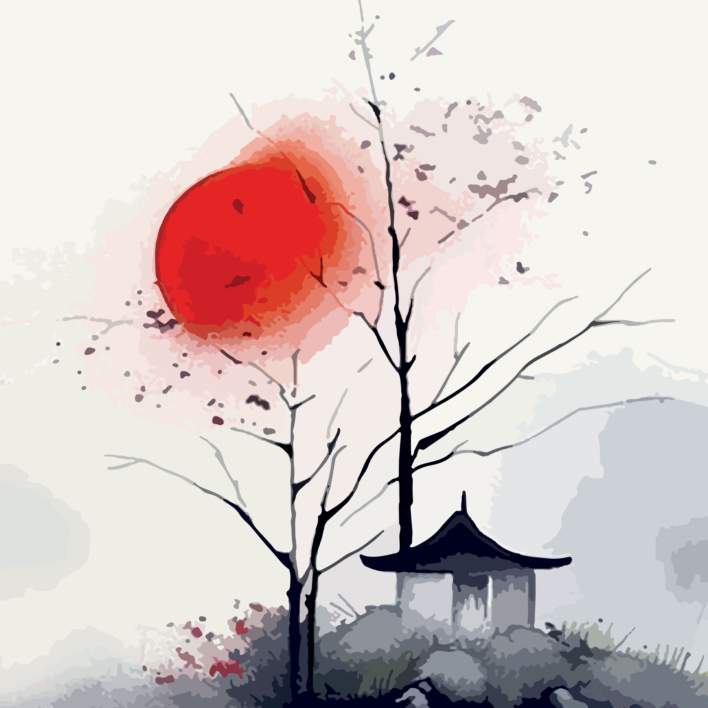 Shinkai no Akari – Minimal Japanese Red Sun & Temple Reflection Wall Art.