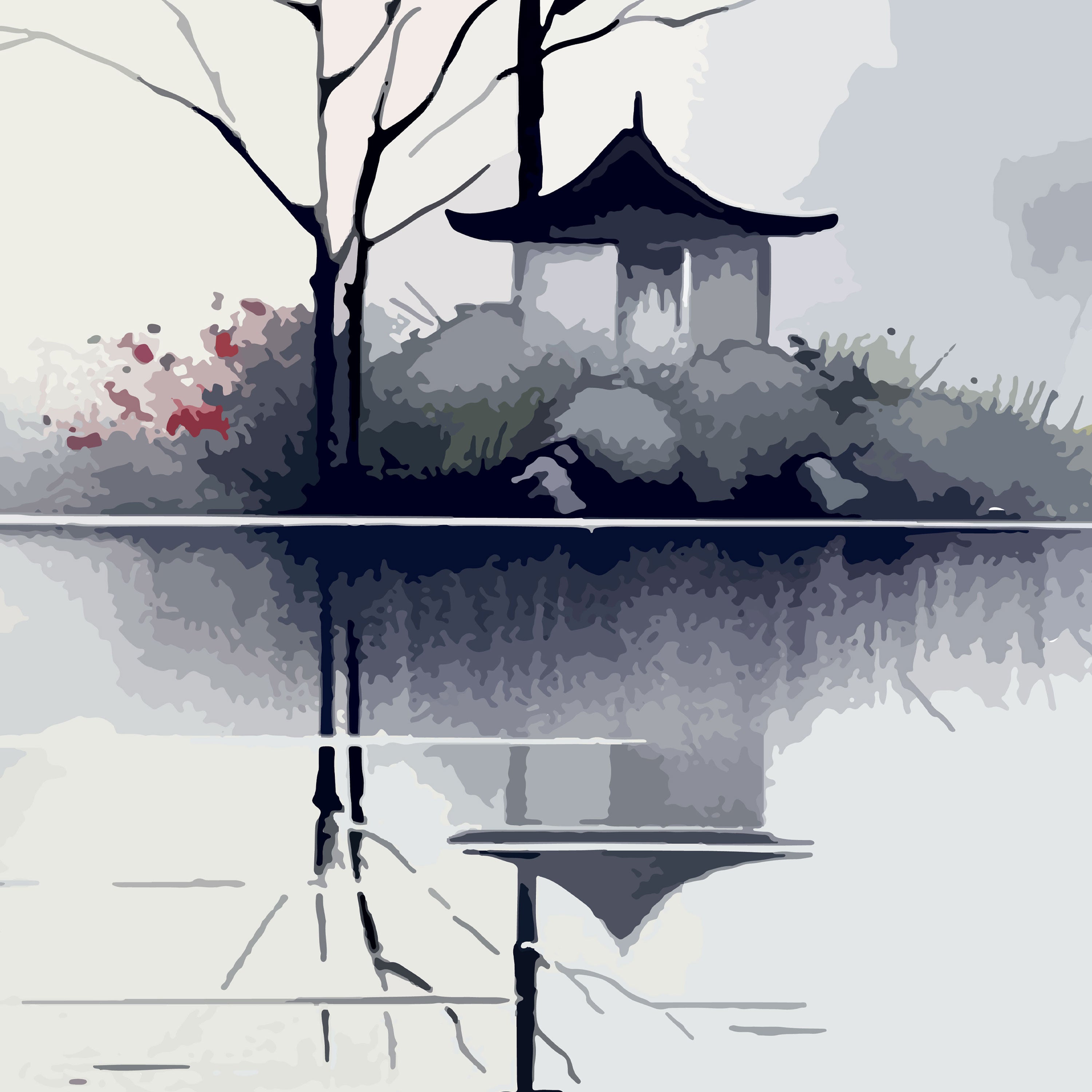 Shinkai no Akari – Minimal Japanese Red Sun & Temple Reflection Wall Art.