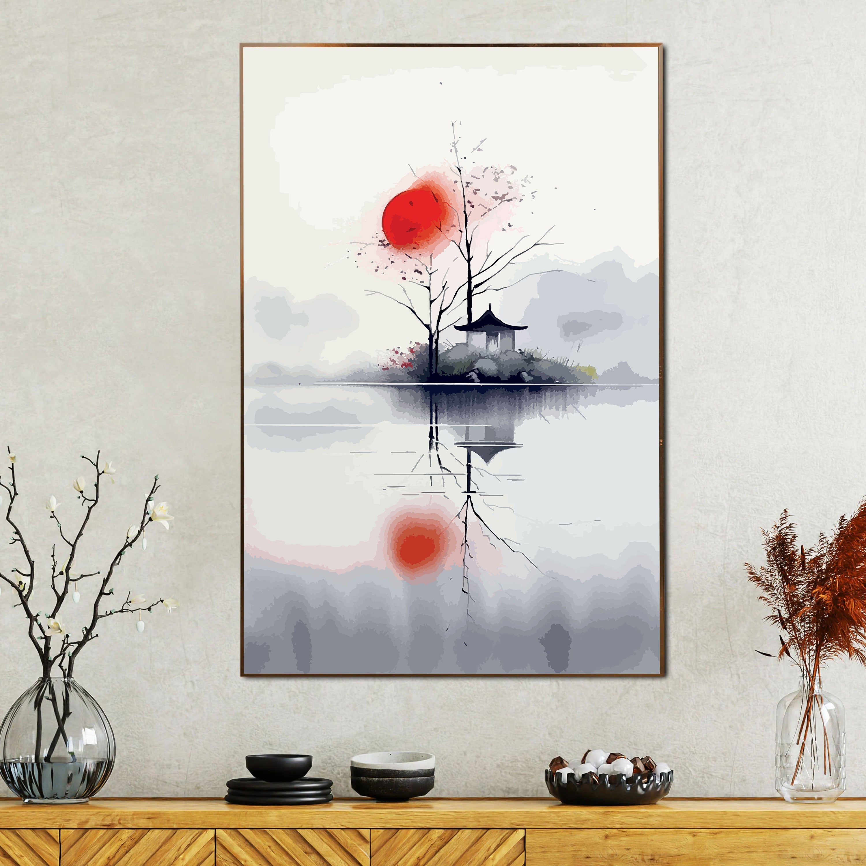 Shinkai no Akari – Minimal Japanese Red Sun & Temple Reflection Wall Art.