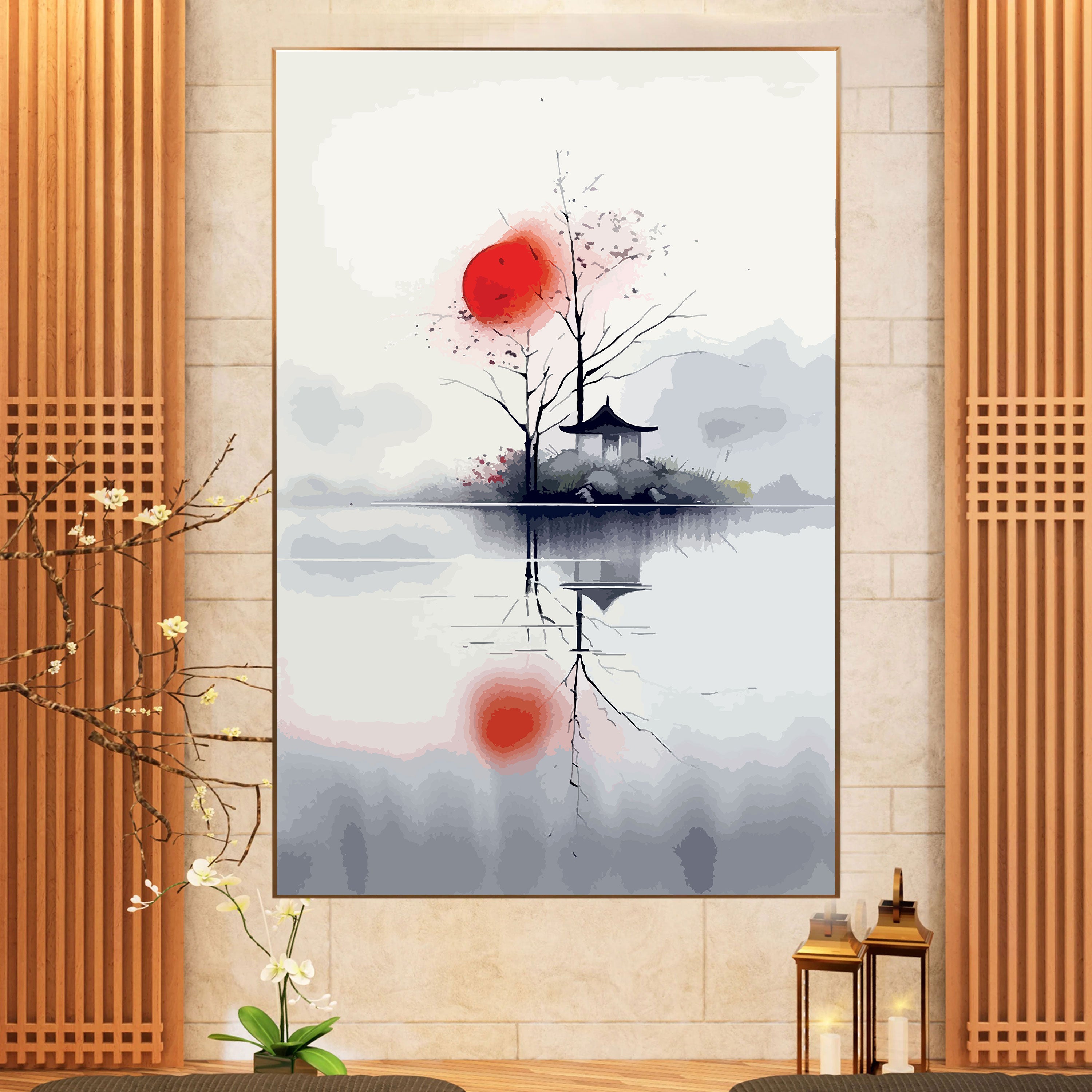 Shinkai no Akari – Minimal Japanese Red Sun & Temple Reflection Wall Art.