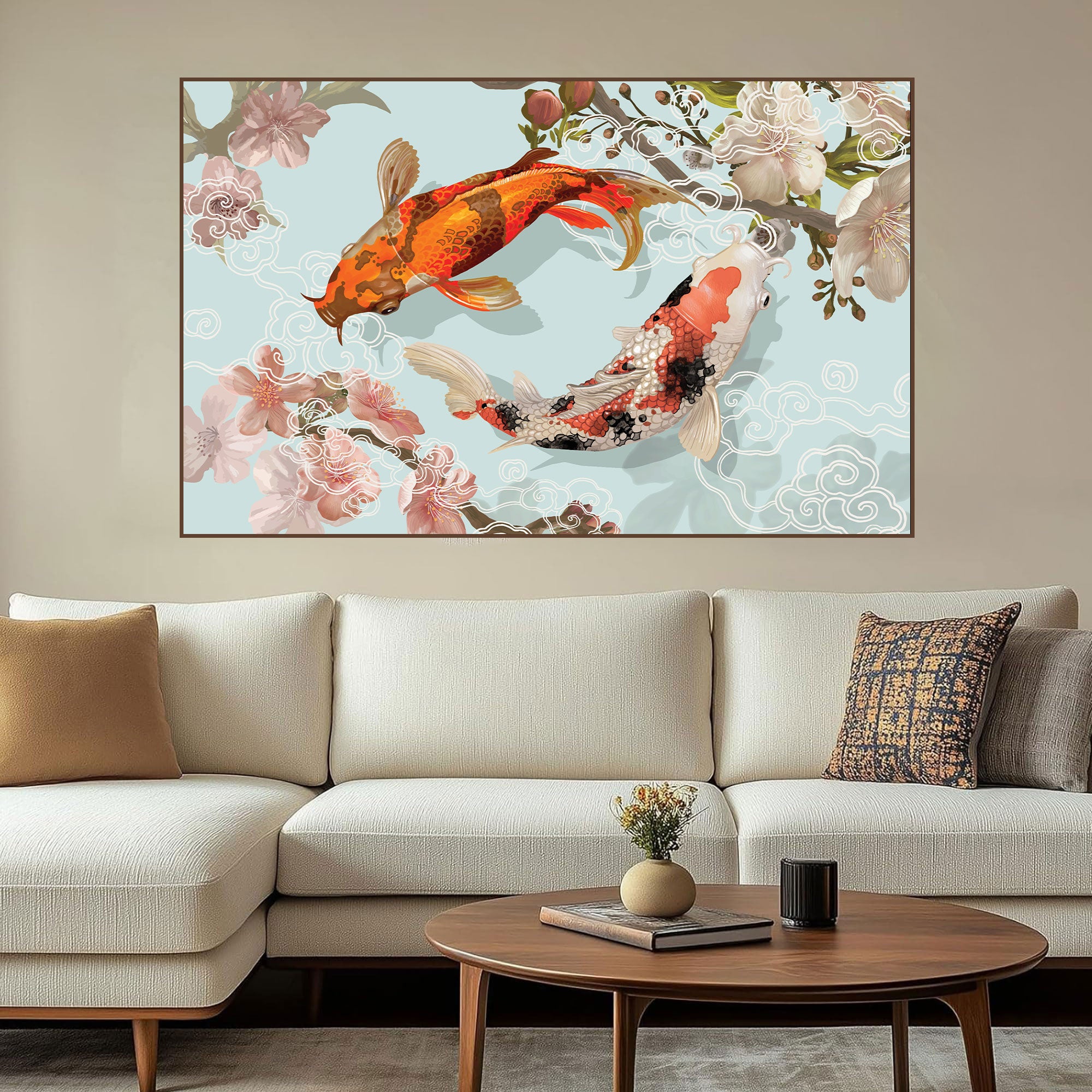 Koi Fish with Cherry Blossoms Canvas Painting – Harmony & Luck Wall Art for Home.