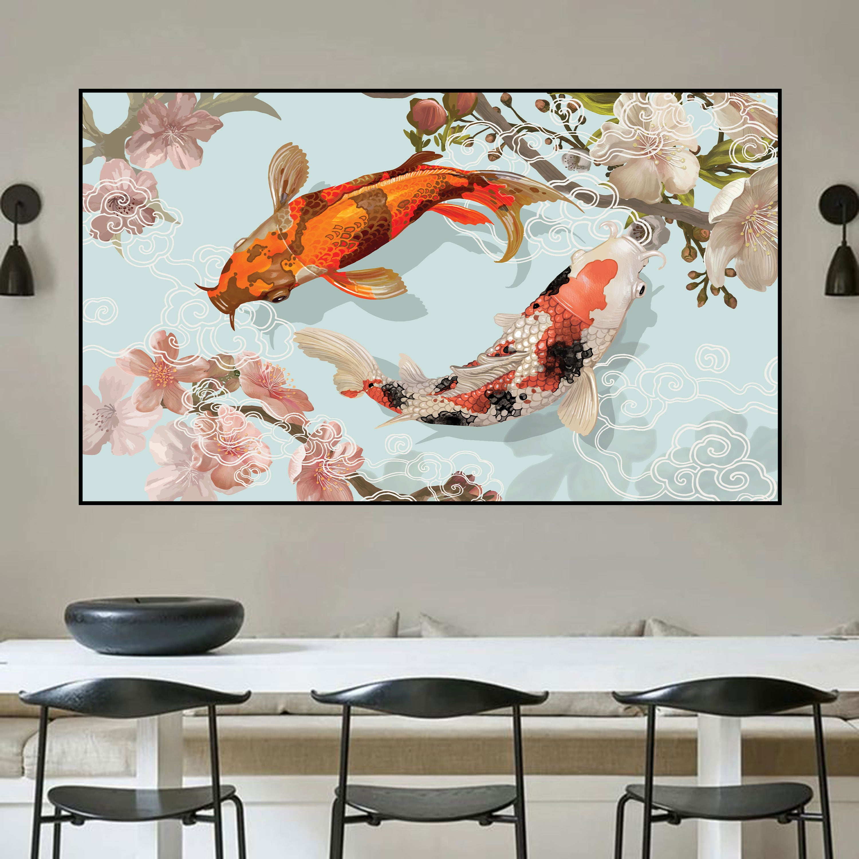 Koi Fish with Cherry Blossoms Canvas Painting – Harmony & Luck Wall Art for Home.