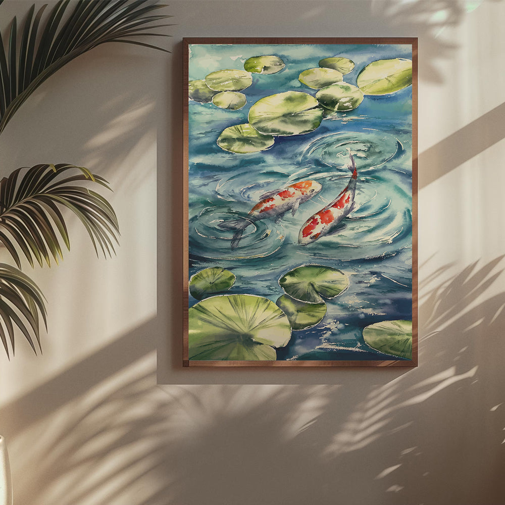 Koi Fish and Lily Pads Watercolor Painting by Krutik – Tranquil Pond Wall Art