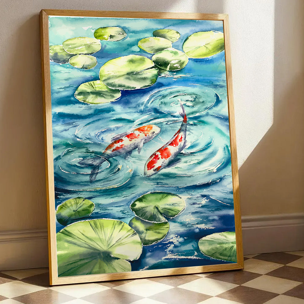 Koi Fish and Lily Pads Watercolor Painting by Krutik – Tranquil Pond Wall Art