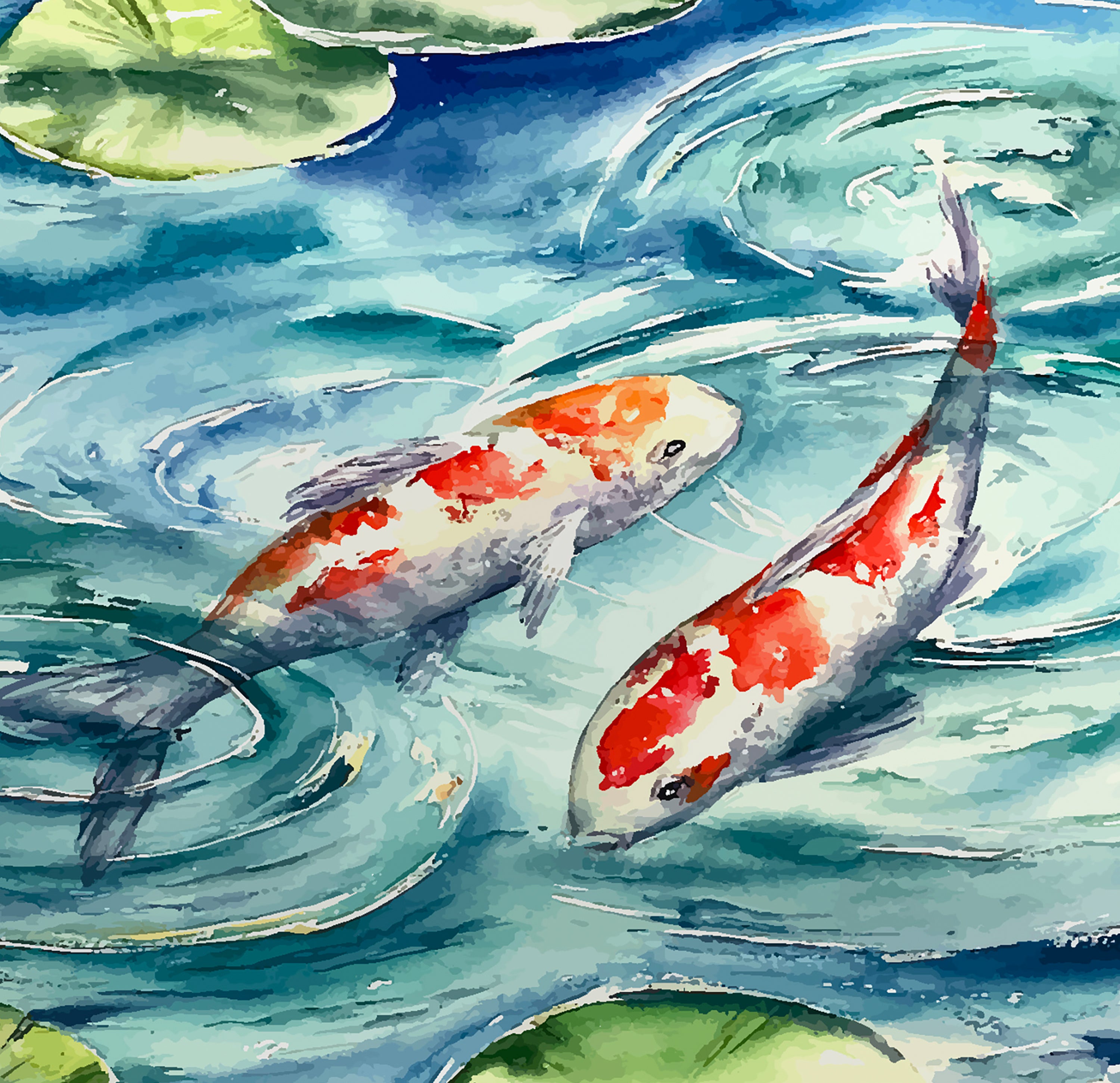 Koi Fish and Lily Pads Watercolor Painting by Krutik – Tranquil Pond Wall Art