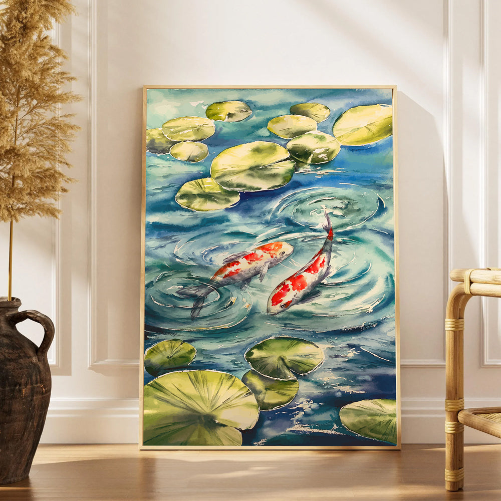 Koi Fish and Lily Pads Watercolor Painting by Krutik – Tranquil Pond Wall Art