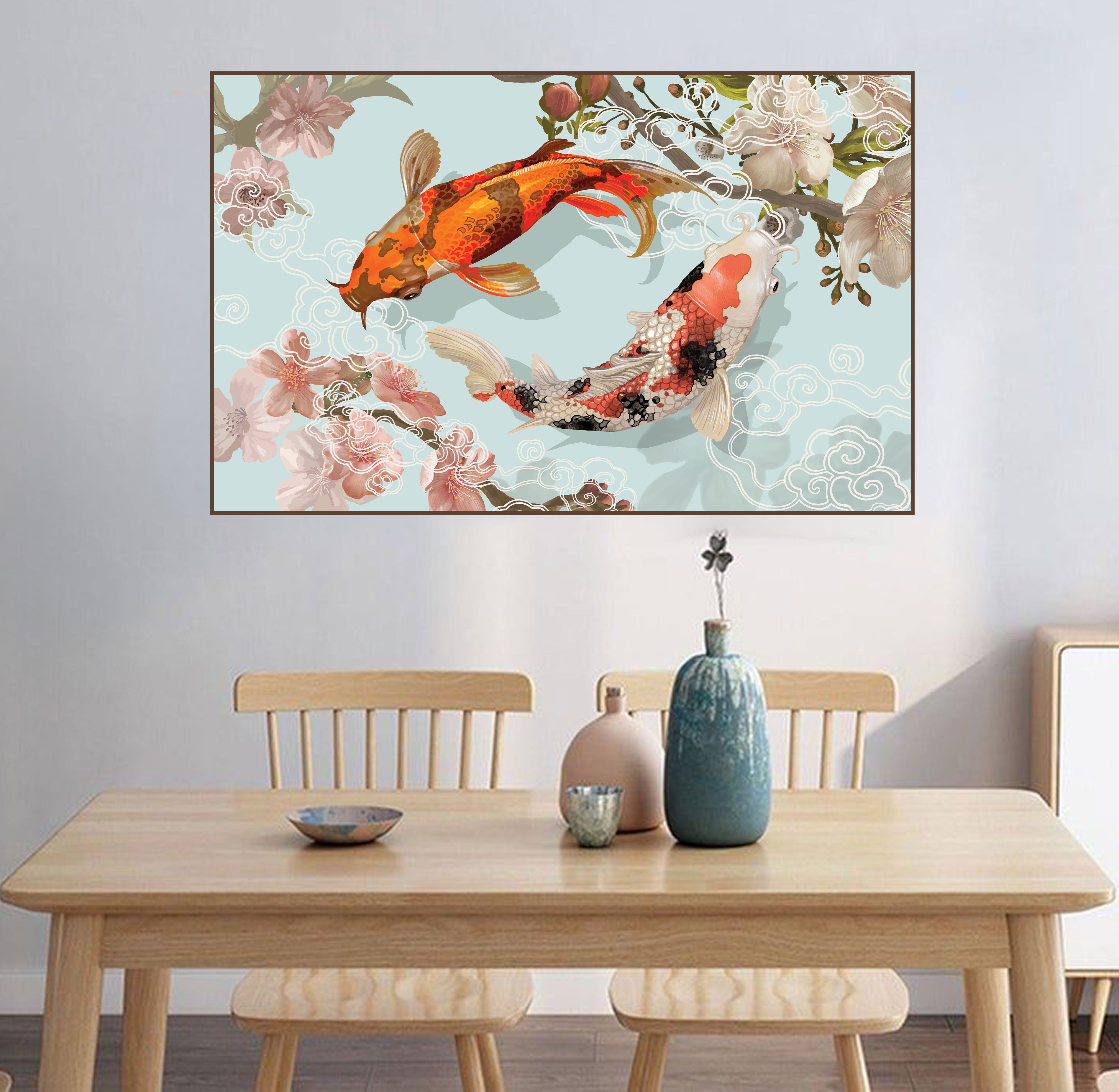 Koi Fish with Cherry Blossoms Canvas Painting – Harmony & Luck Wall Art for Home.