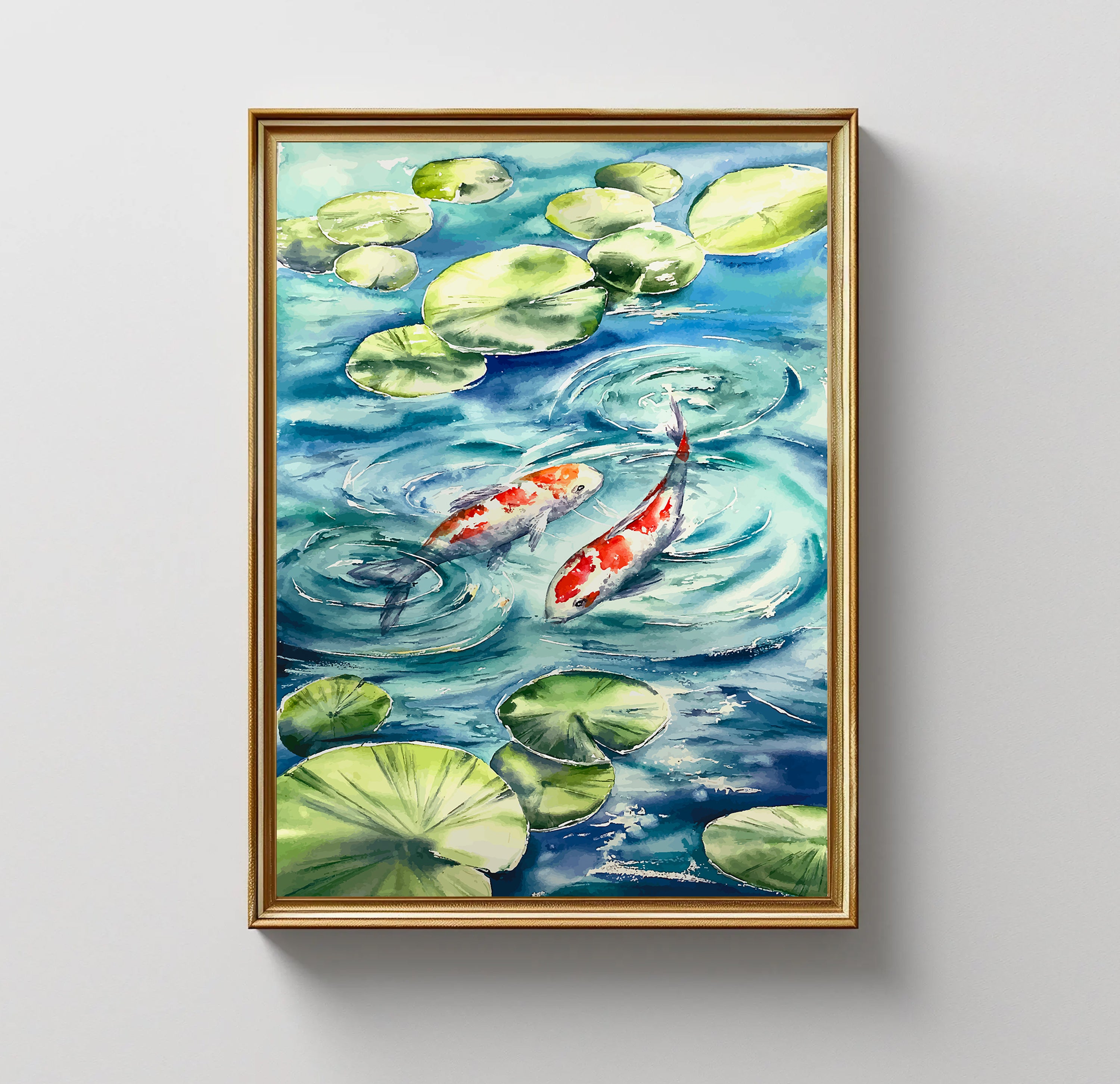 Koi Fish and Lily Pads Watercolor Painting by Krutik – Tranquil Pond Wall Art