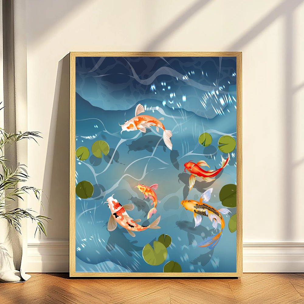 Colorful Koi Fish Pond Painting by Krutik – Modern Zen Wall Art