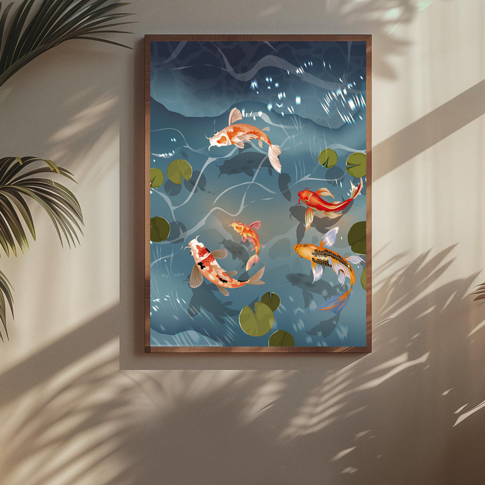 Colorful Koi Fish Pond Painting by Krutik – Modern Zen Wall Art