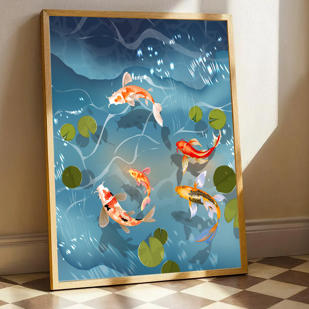 Colorful Koi Fish Pond Painting by Krutik – Modern Zen Wall Art