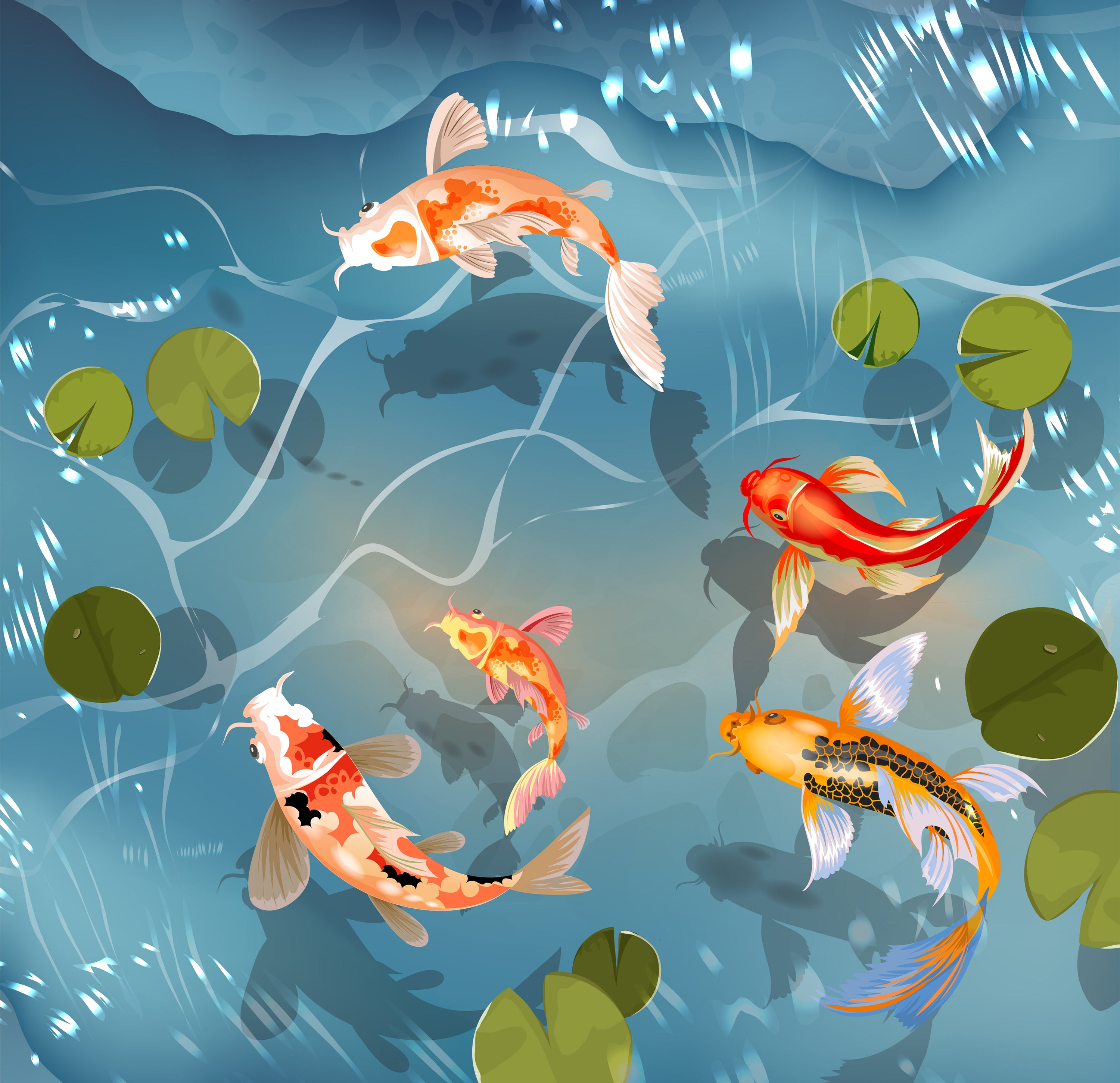 Colorful Koi Fish Pond Painting by Krutik – Modern Zen Wall Art